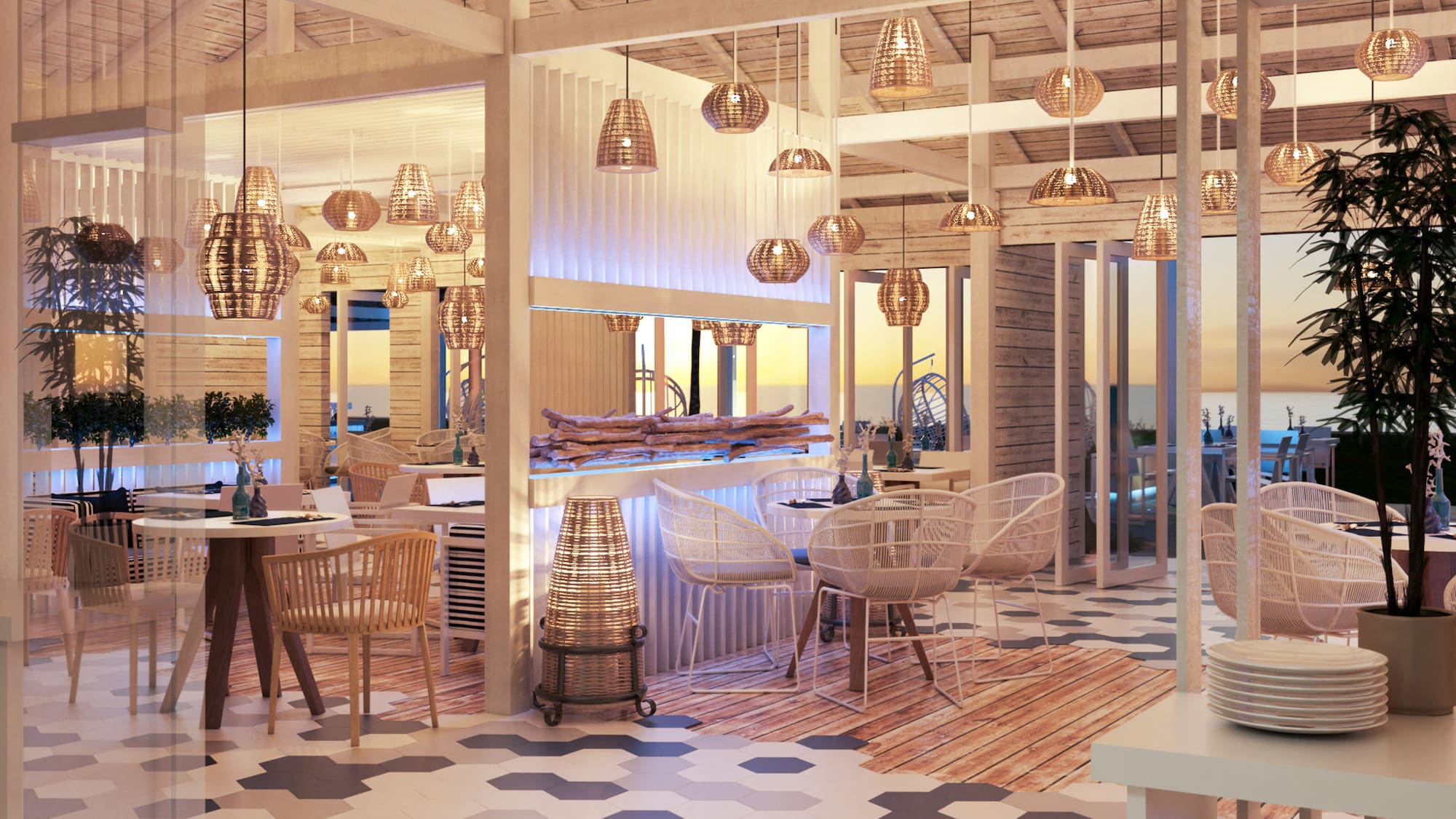 a room with tables and chairs