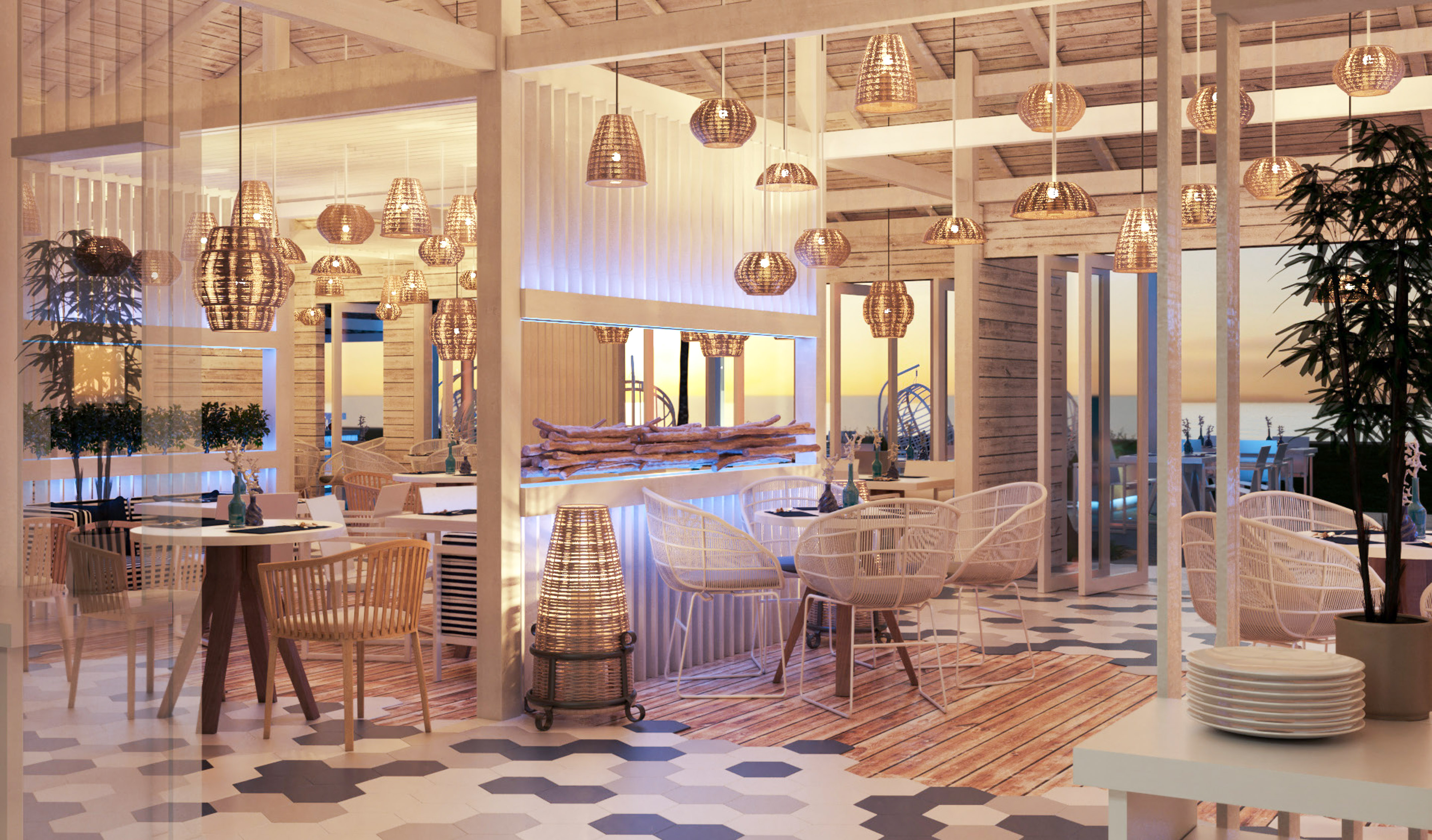 a room with tables and chairs