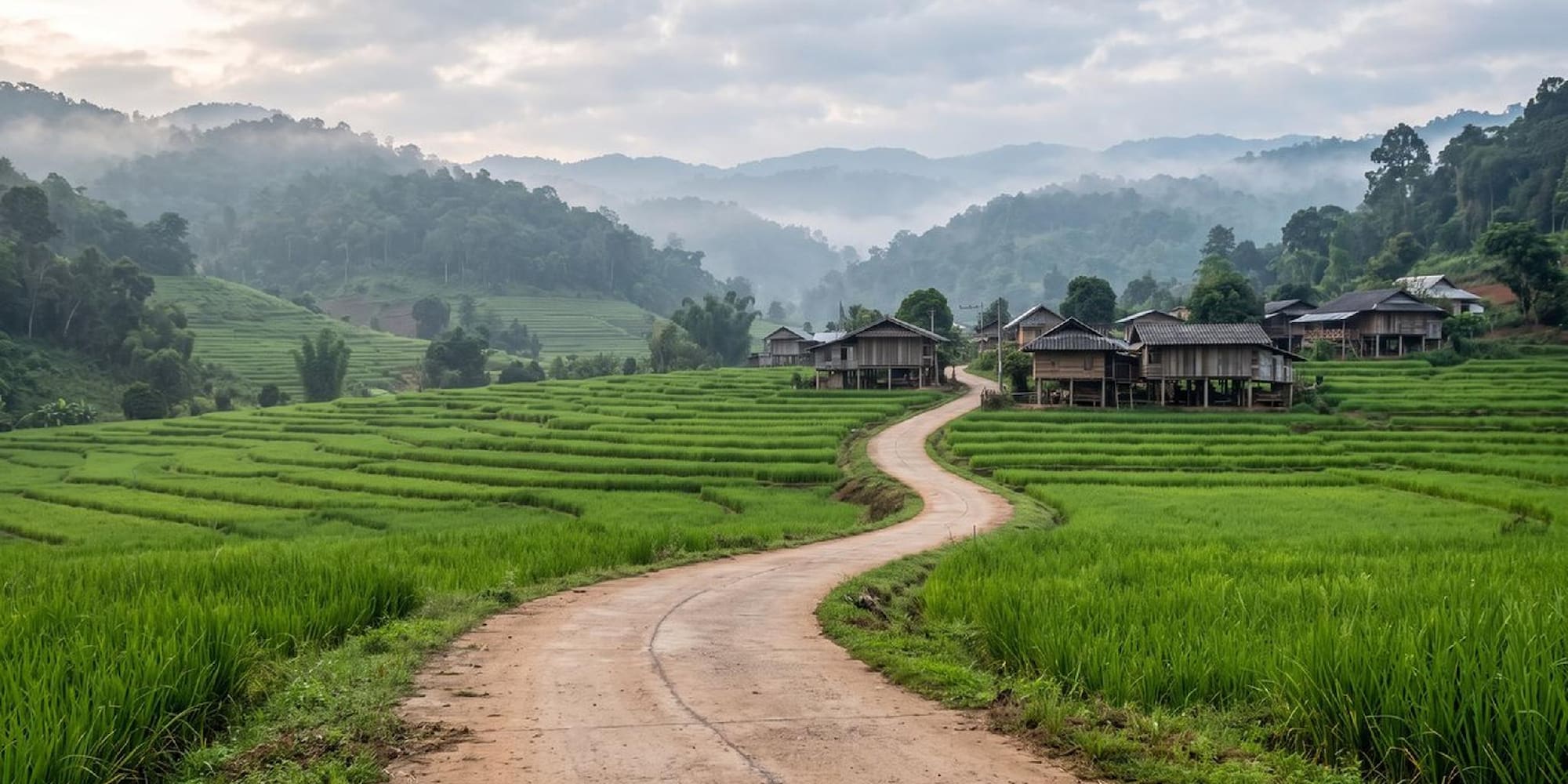 Winding road through green terraced rice fields, rural village, misty mountains.