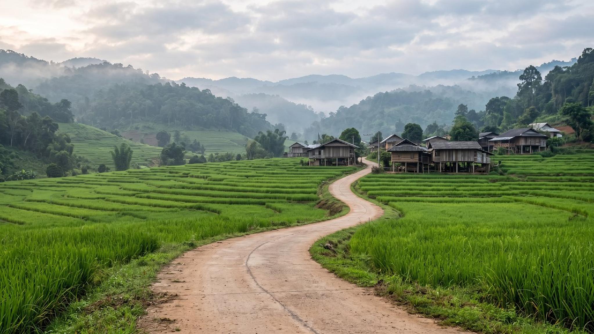 Winding road through green terraced rice fields, rural village, misty mountains.