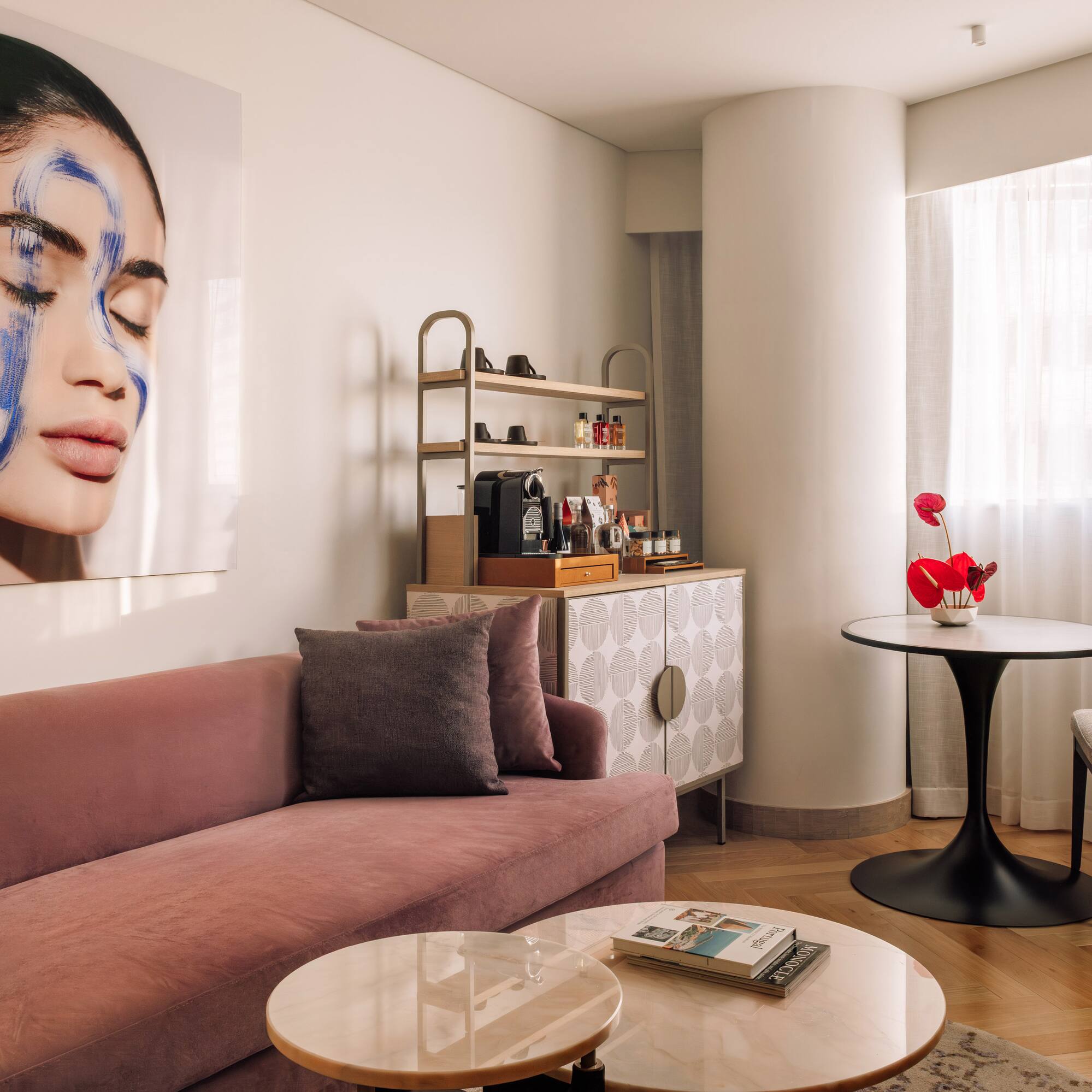 a living room with a couch and a table