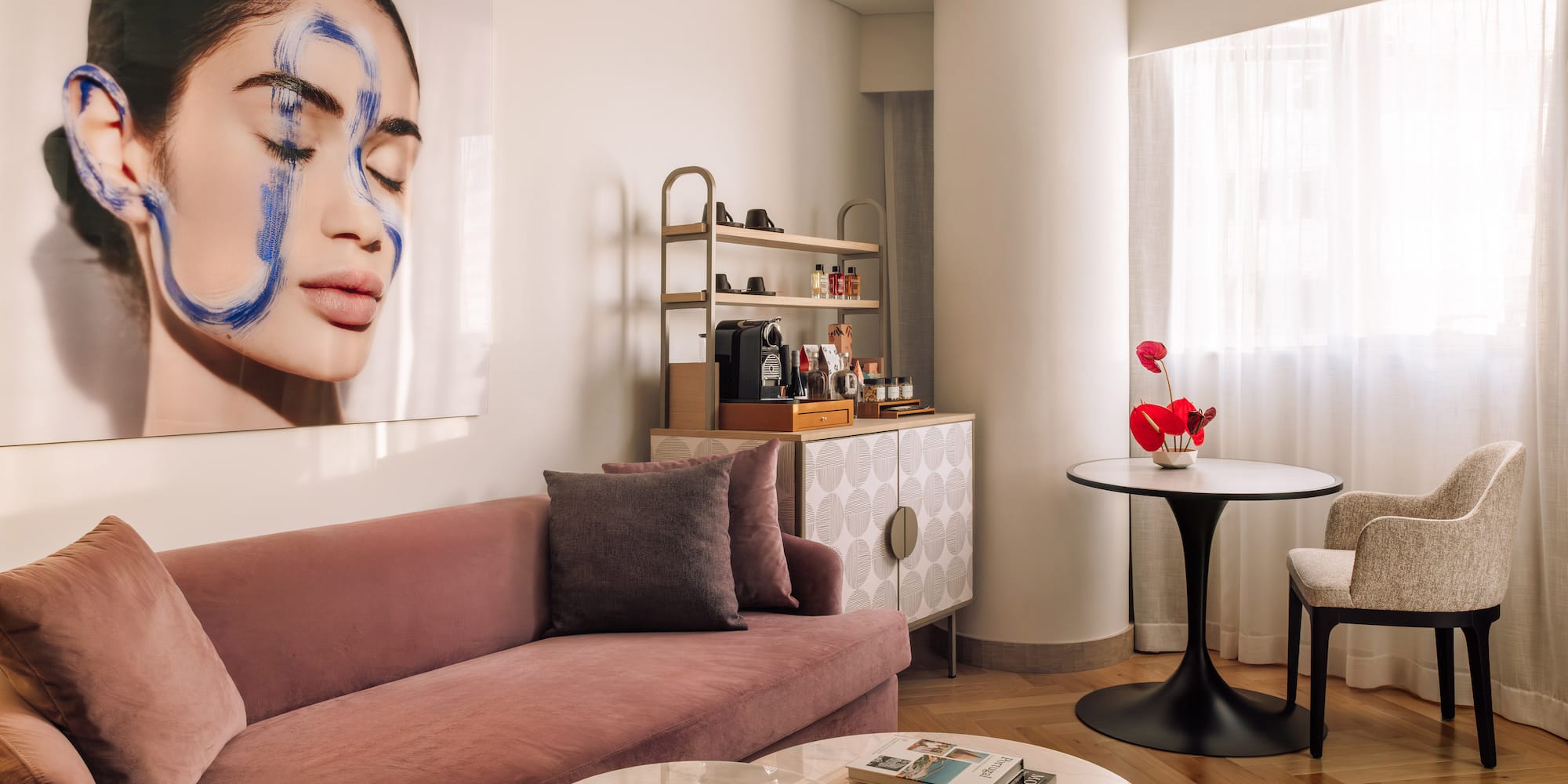 a living room with a couch and a table