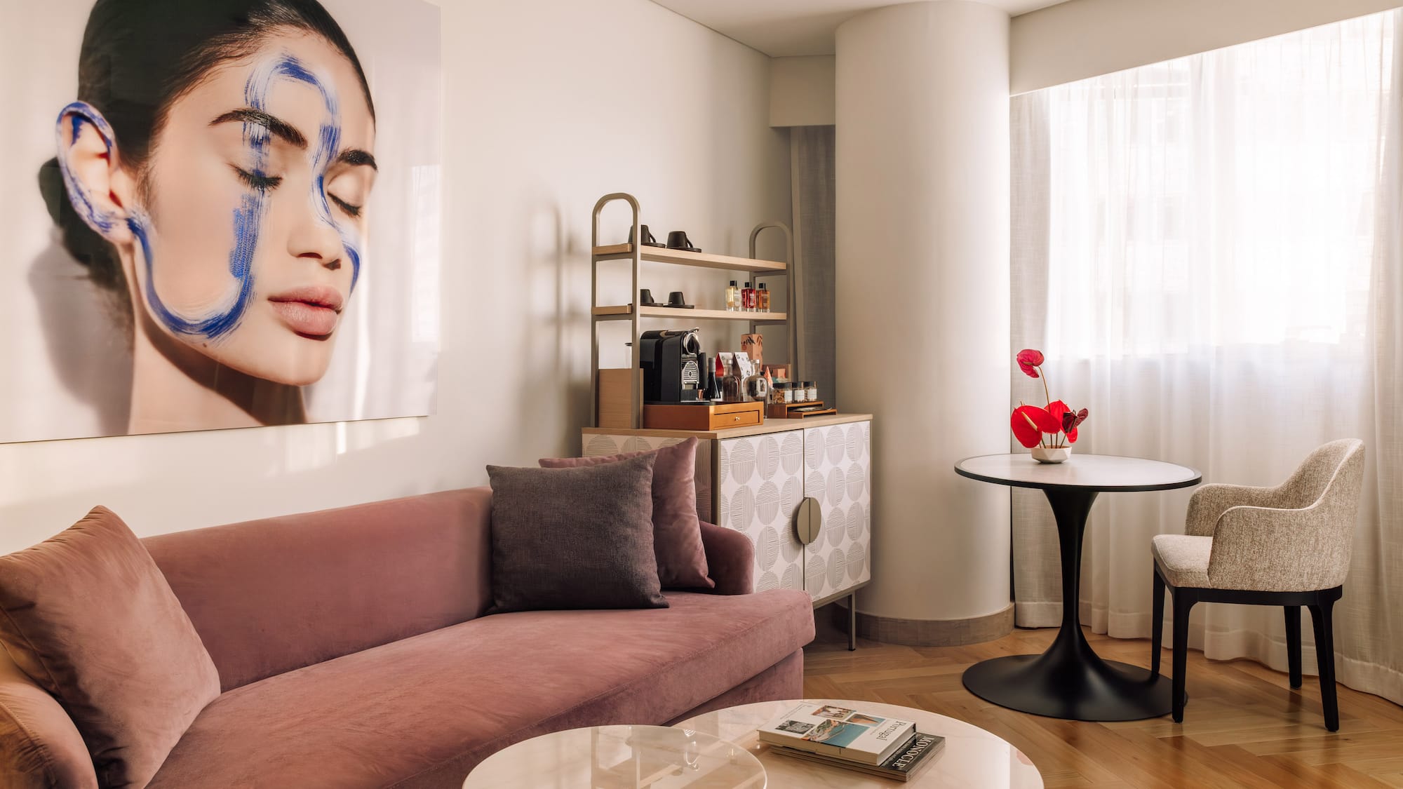 a living room with a couch and a table