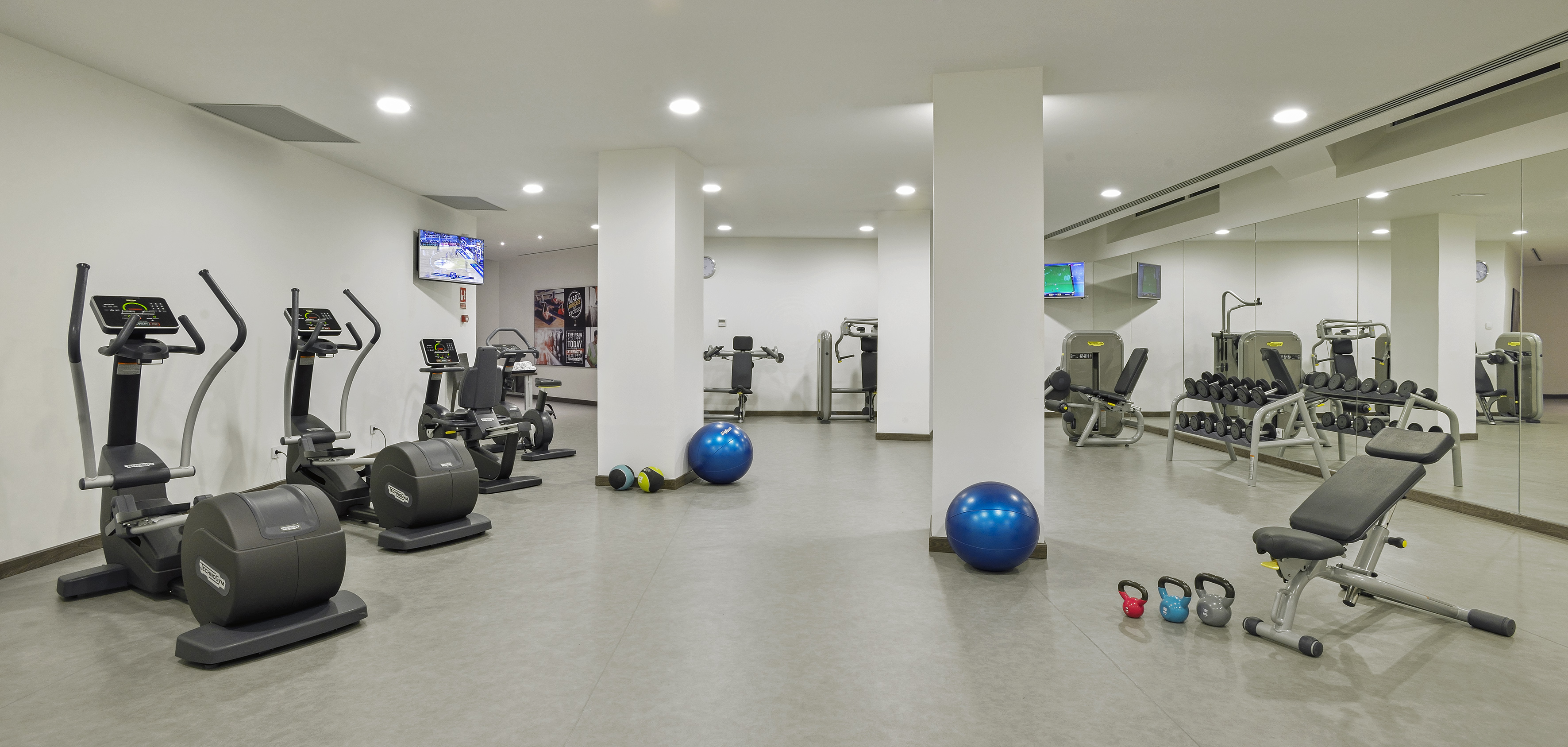 Gimnasio moderno con máquinas de cardio, pesas, y balones de ejercicio.