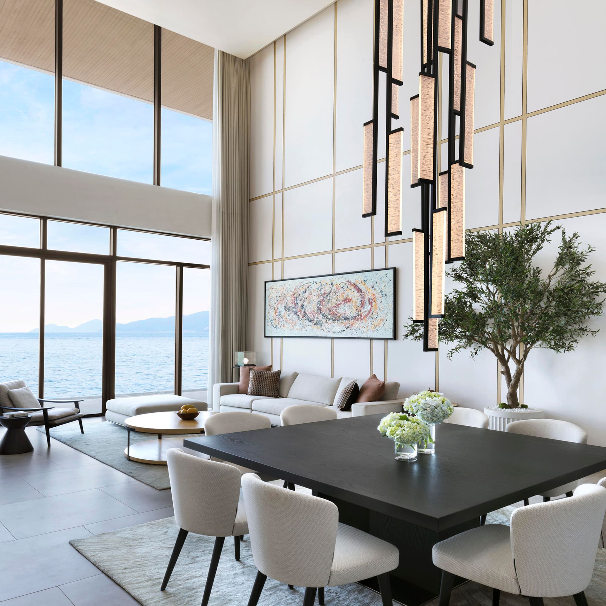 a room with a large table and chairs