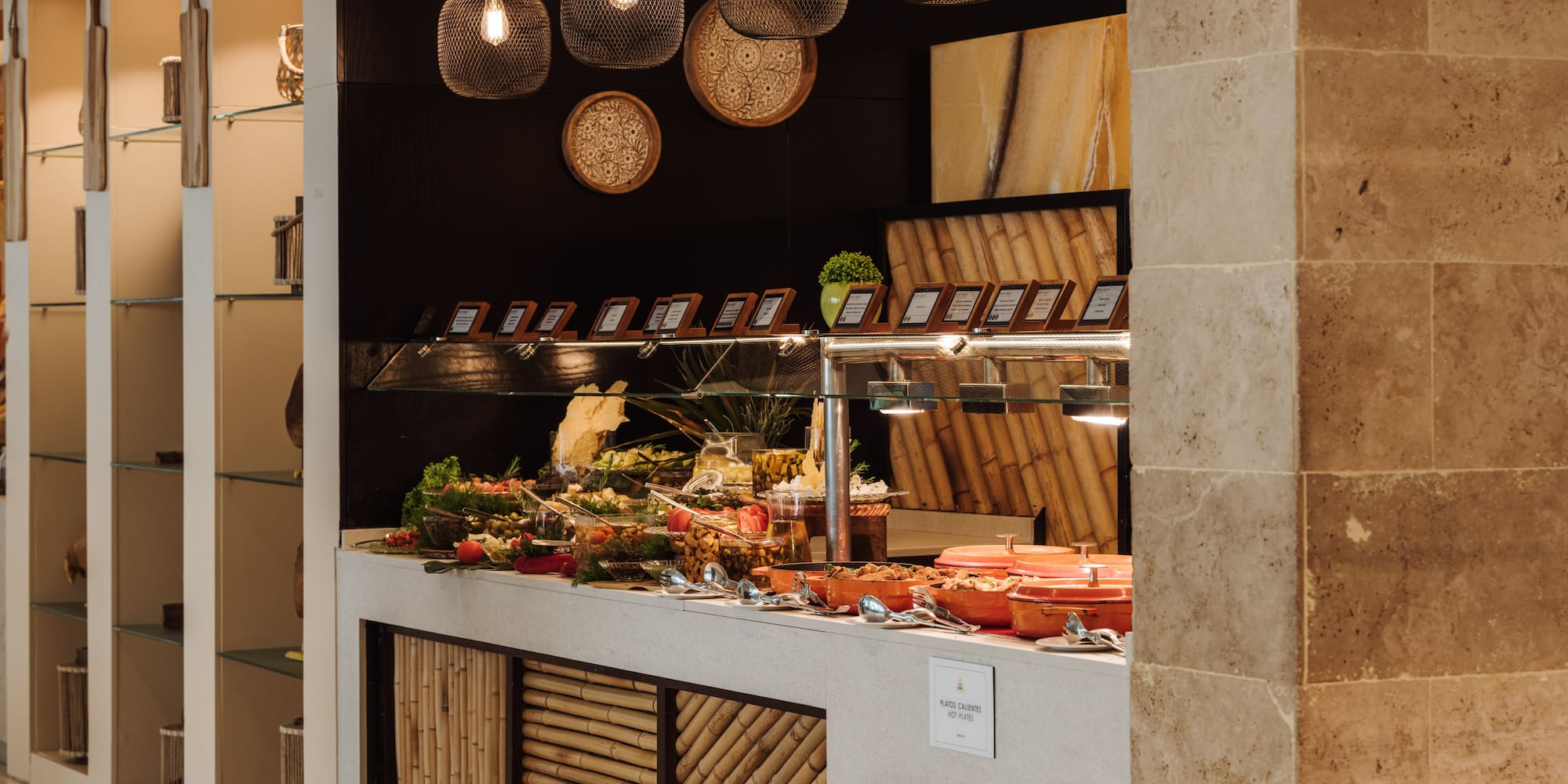 a buffet with food on the counter
