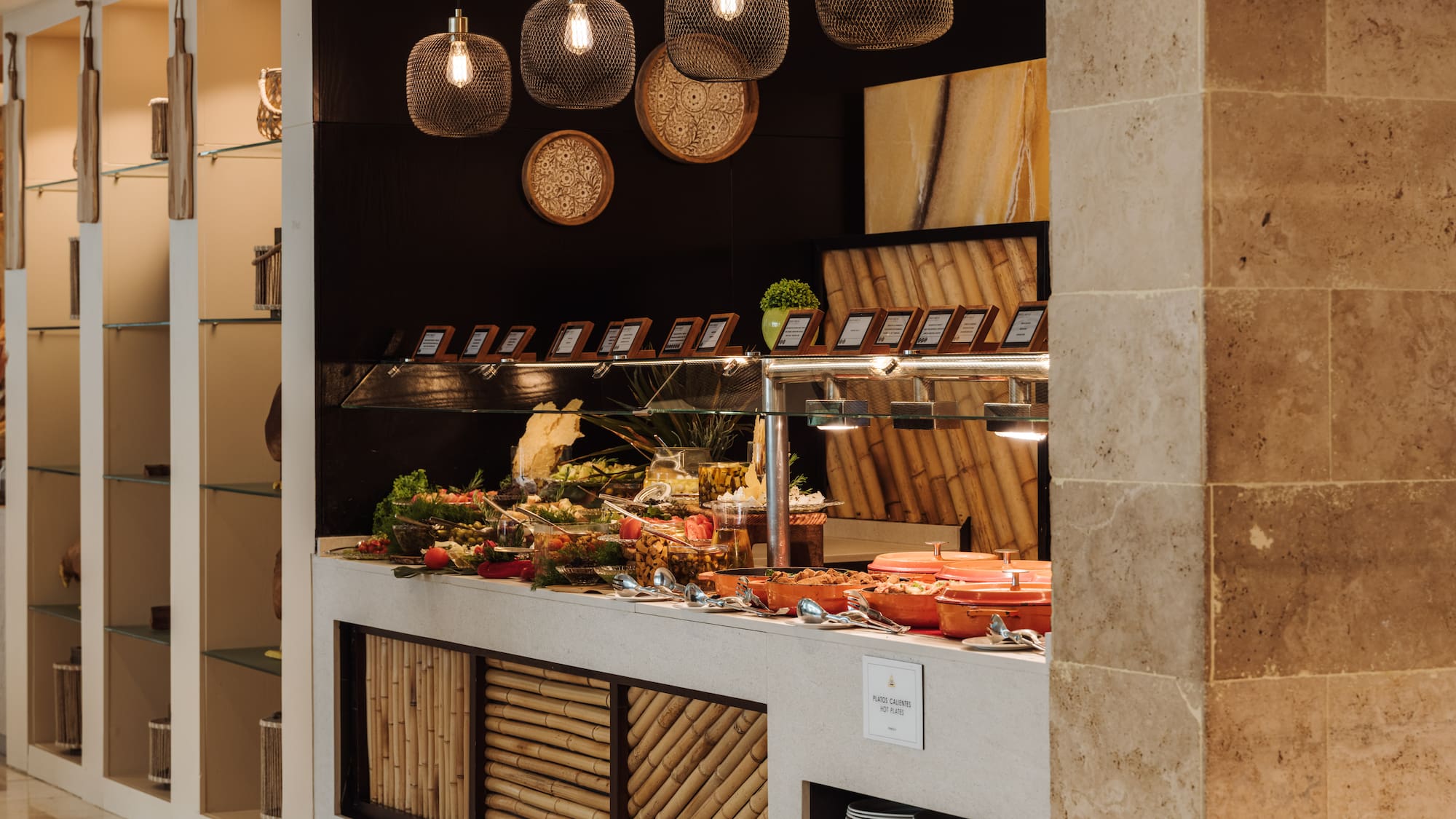 a buffet with food on the counter