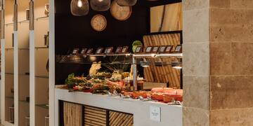 a buffet with food on the counter