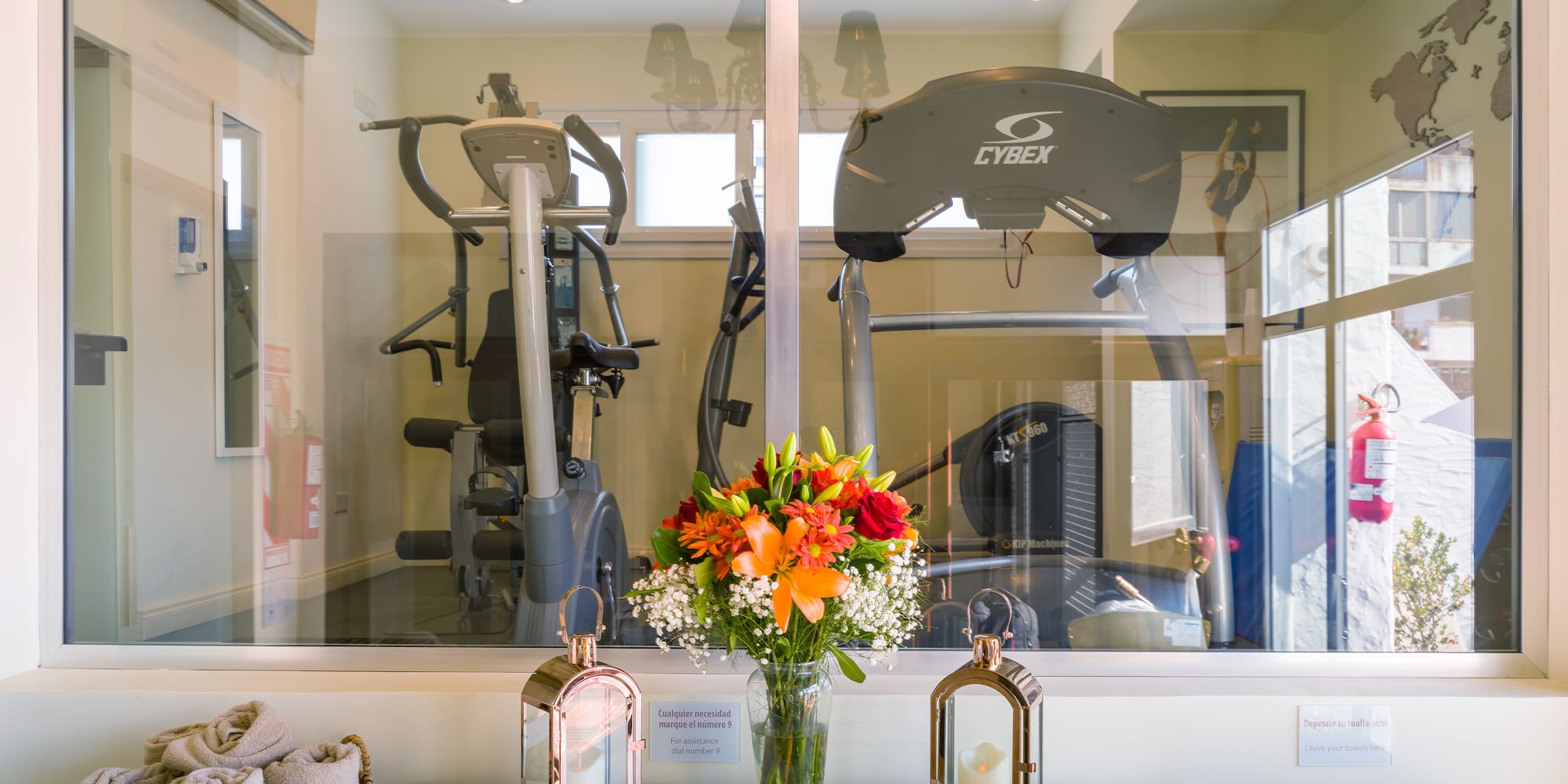 a room with a bunch of exercise equipment