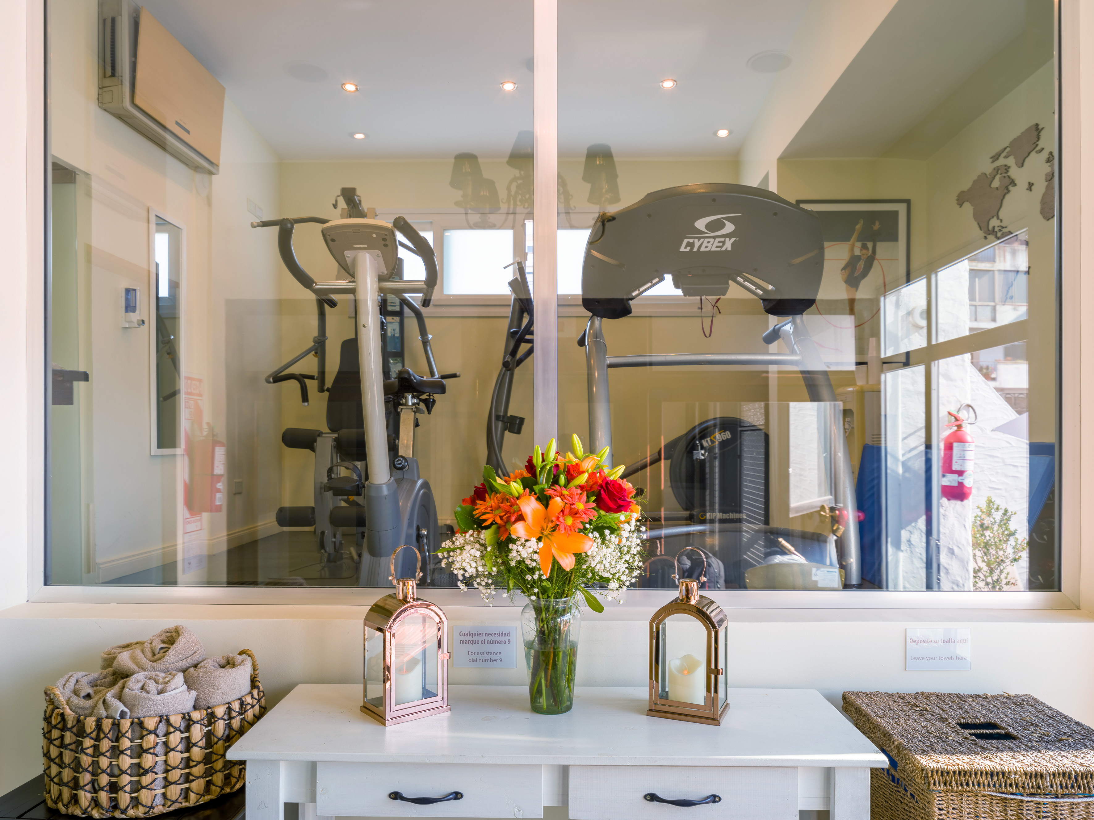 Hotel gym with Cybex fitness equipment, fresh flowers, and towels. - Fitnessruimte - Melia Recoleta Plaza, Buenos Aires