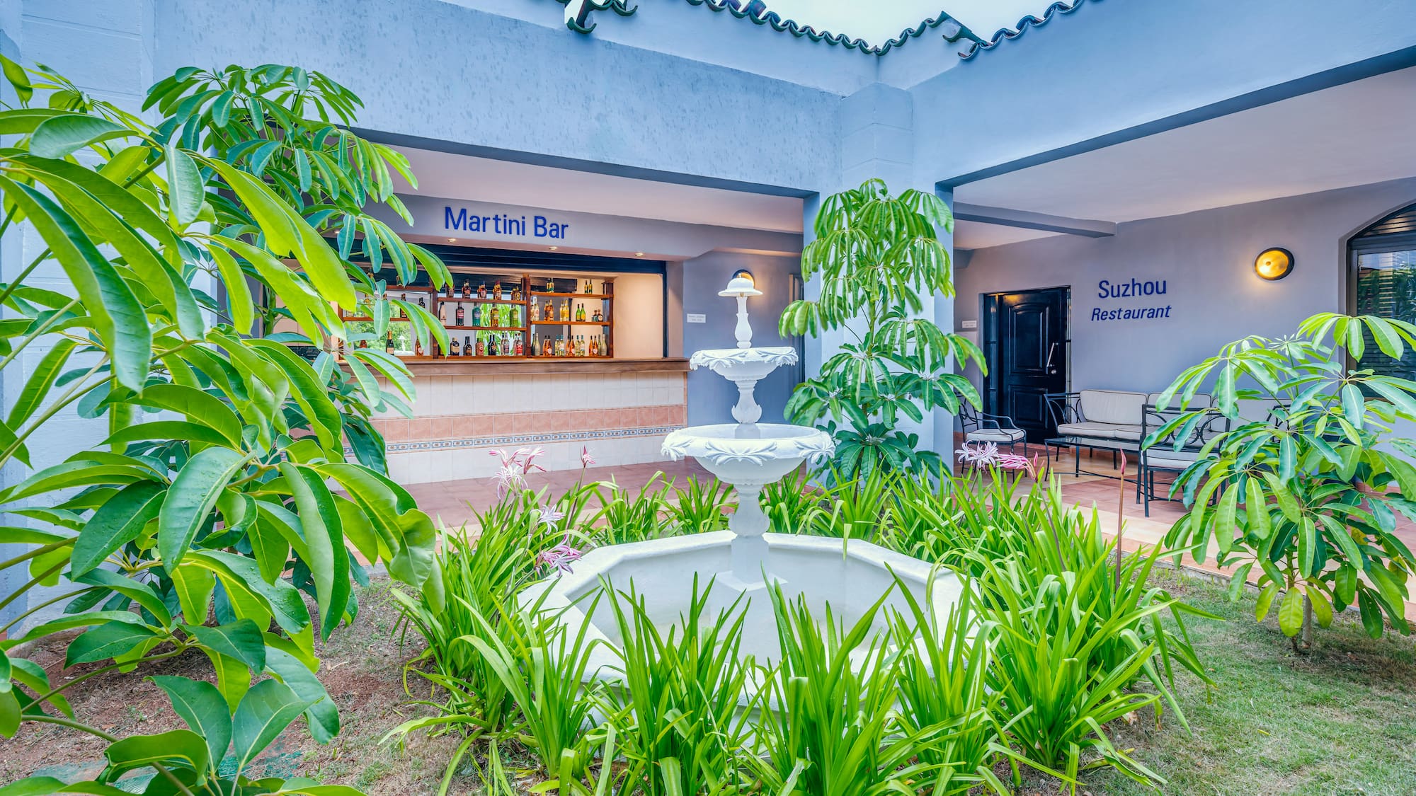 a fountain in a courtyard