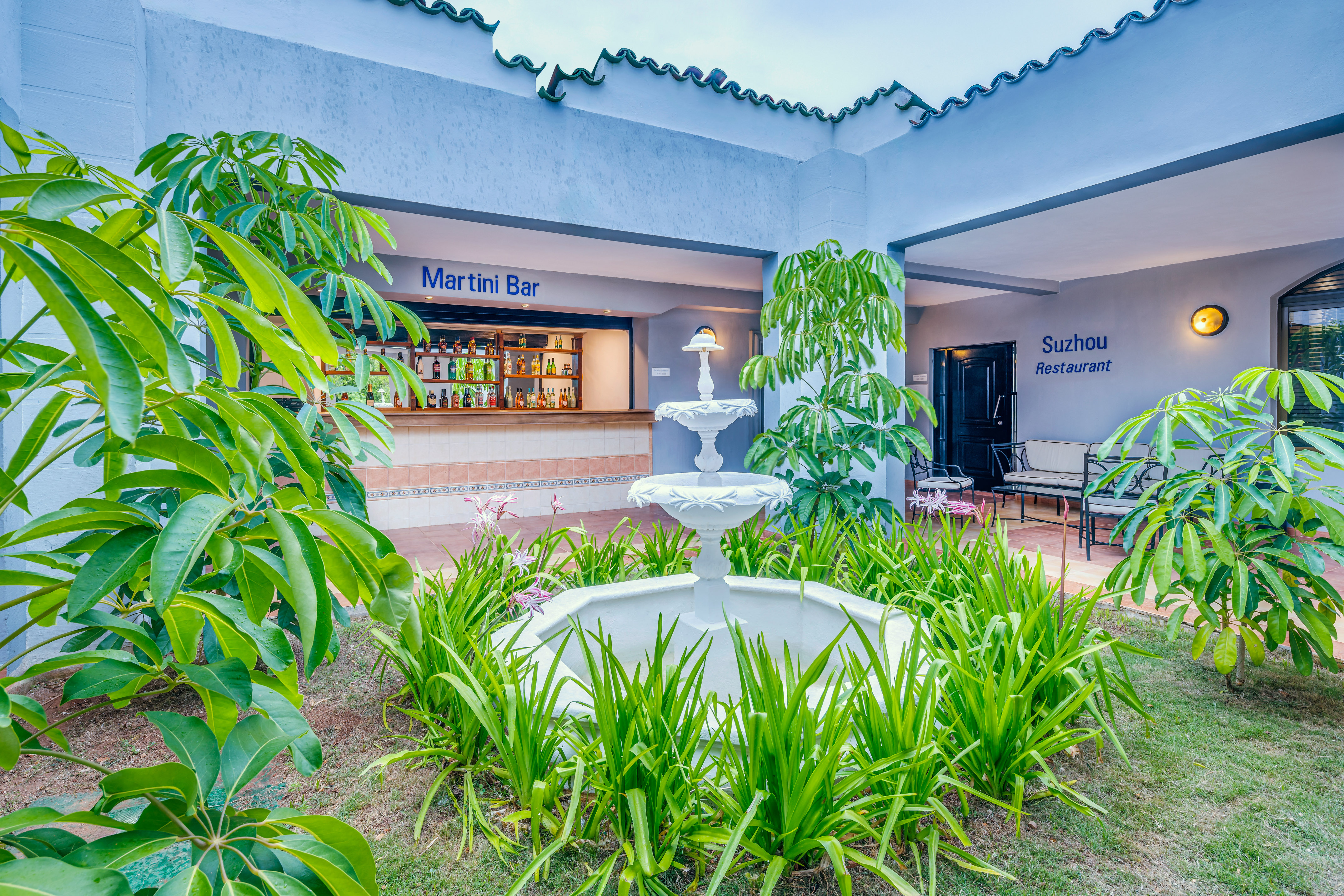 a fountain in a courtyard