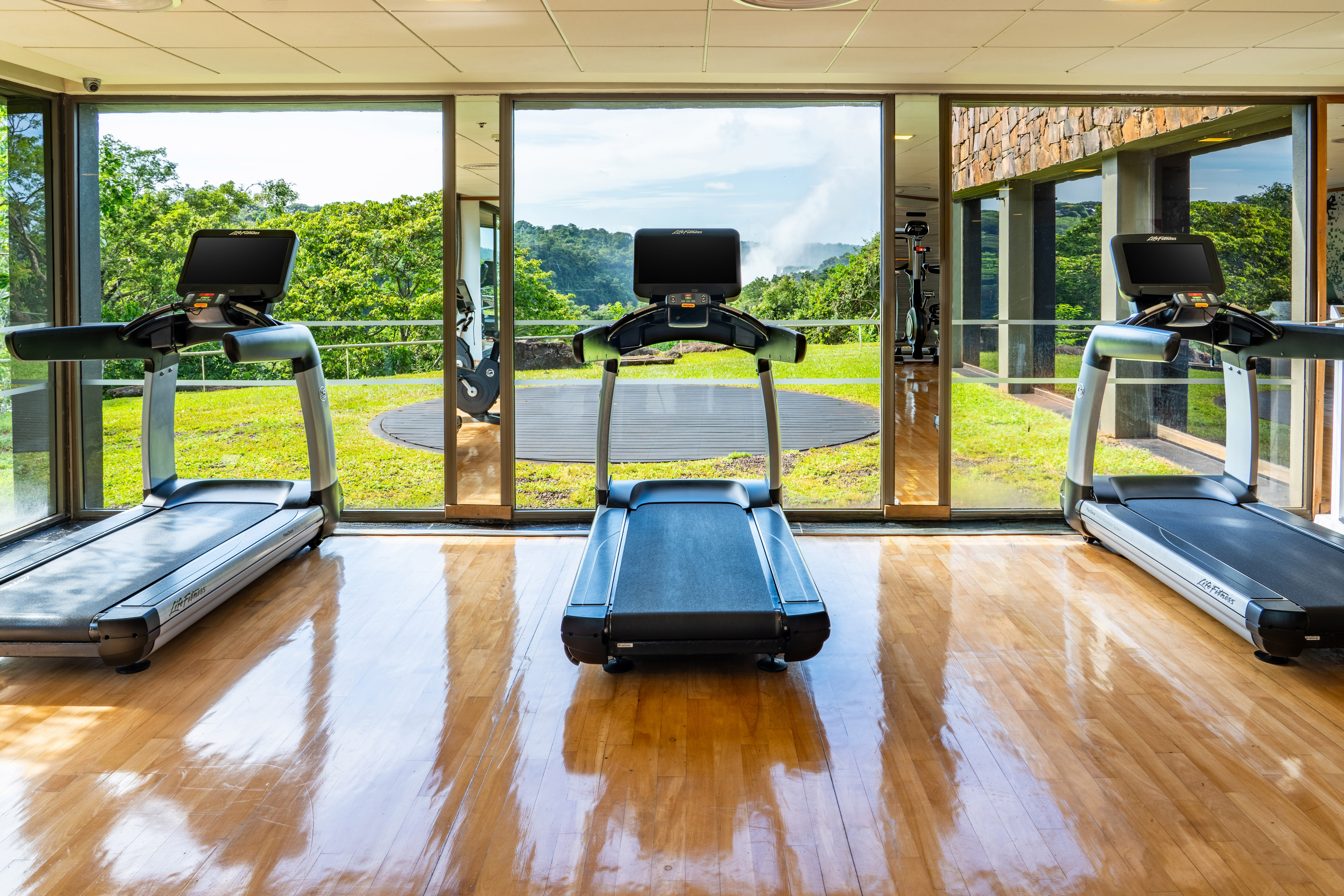 Gym with treadmills and hardwood floor, overlooking a scenic waterfall.