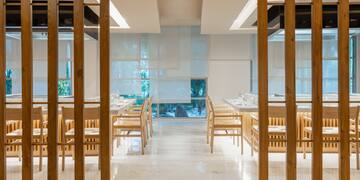 a room with tables and chairs