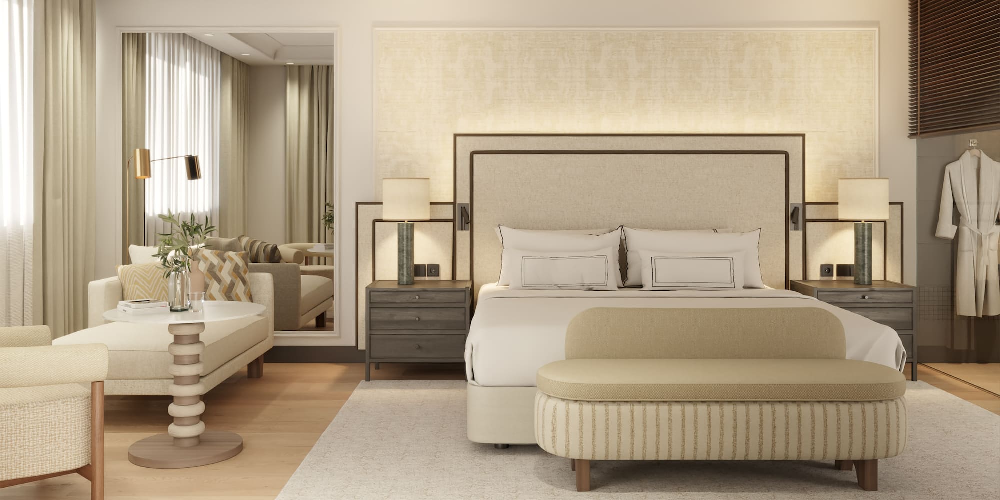 a bedroom with a bed and a mirror