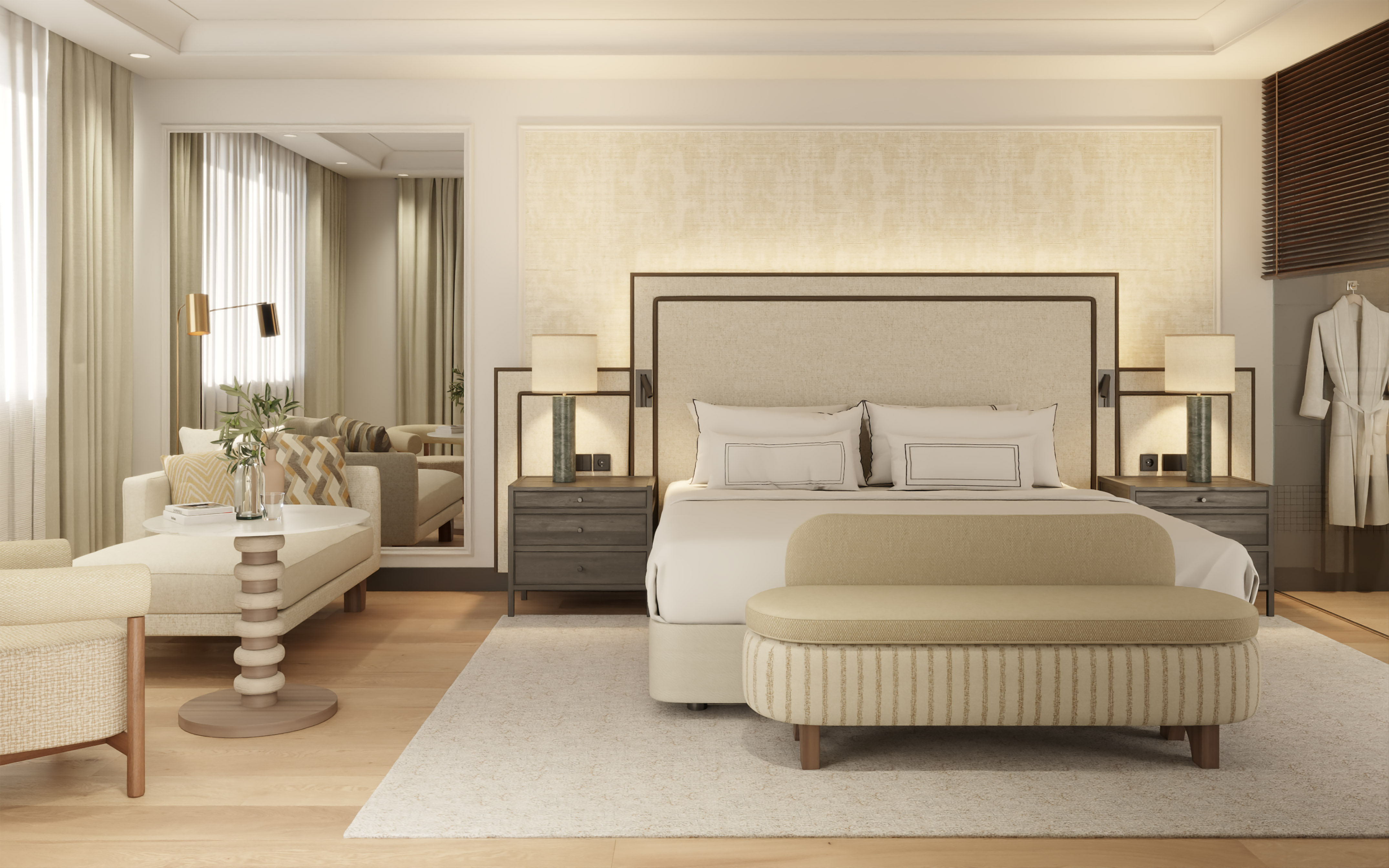 a bedroom with a bed and a mirror