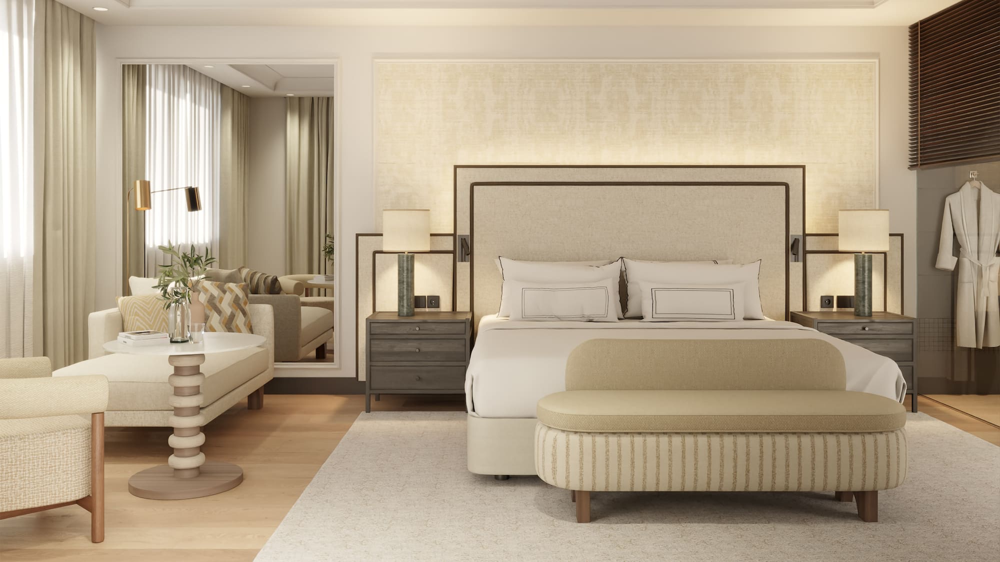 a bedroom with a bed and a mirror