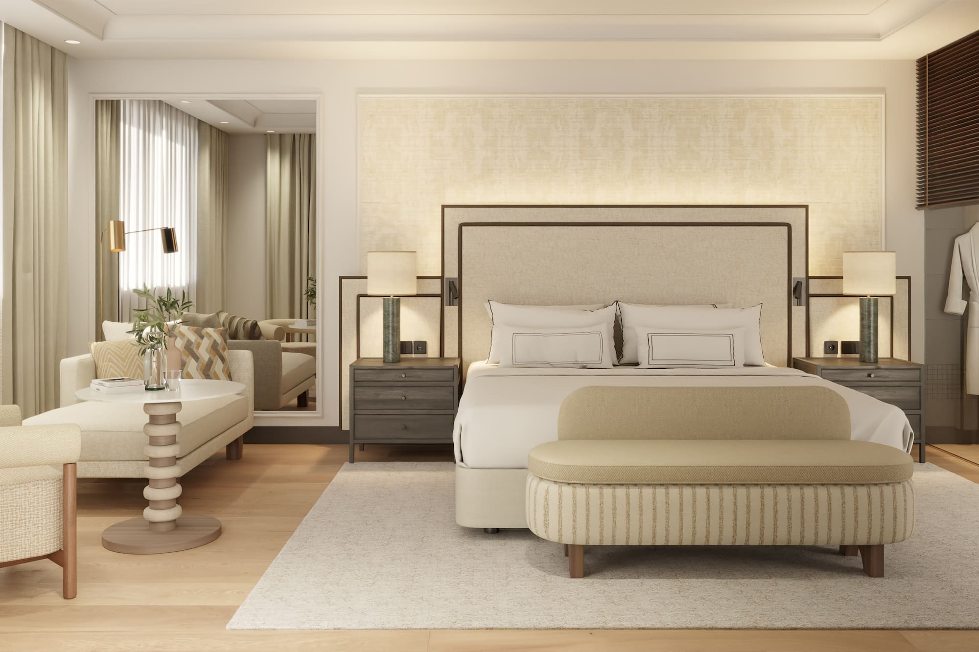 a bedroom with a bed and a mirror