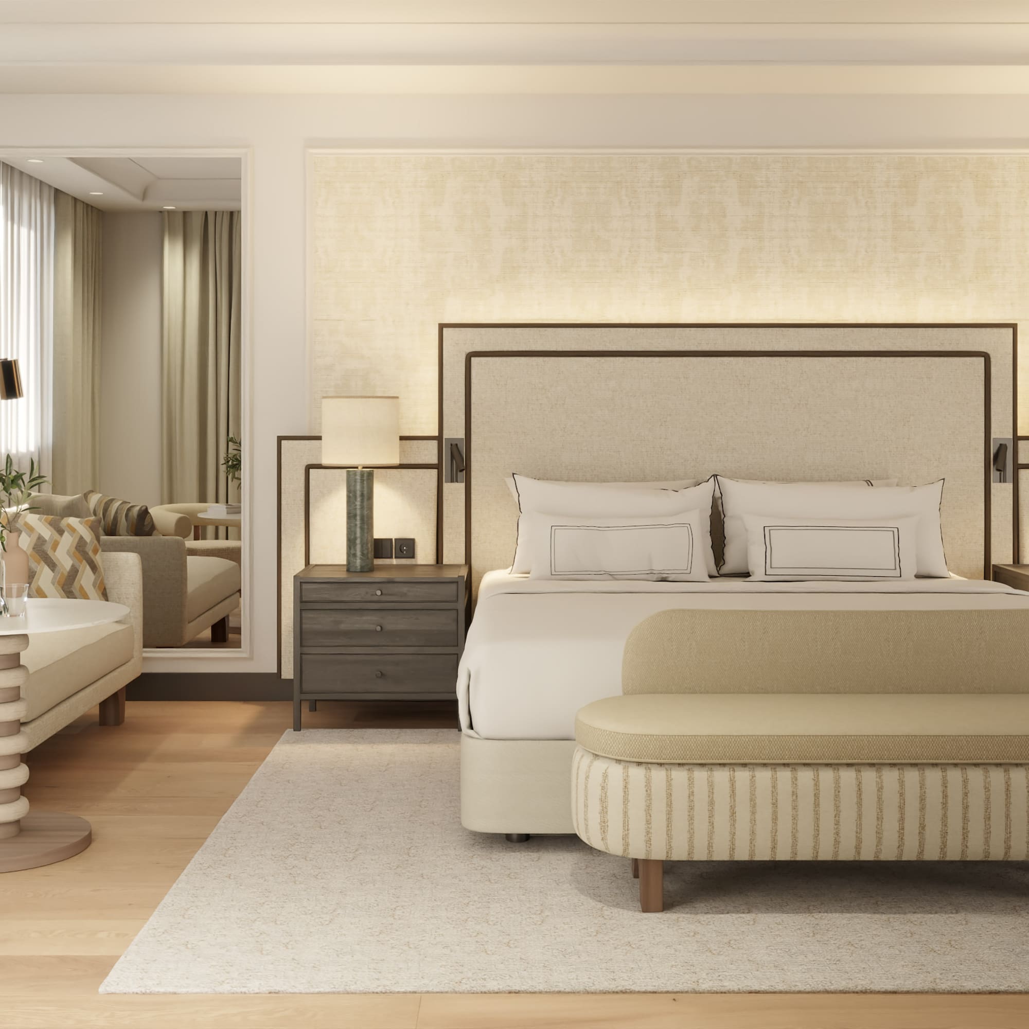 a bedroom with a bed and a mirror