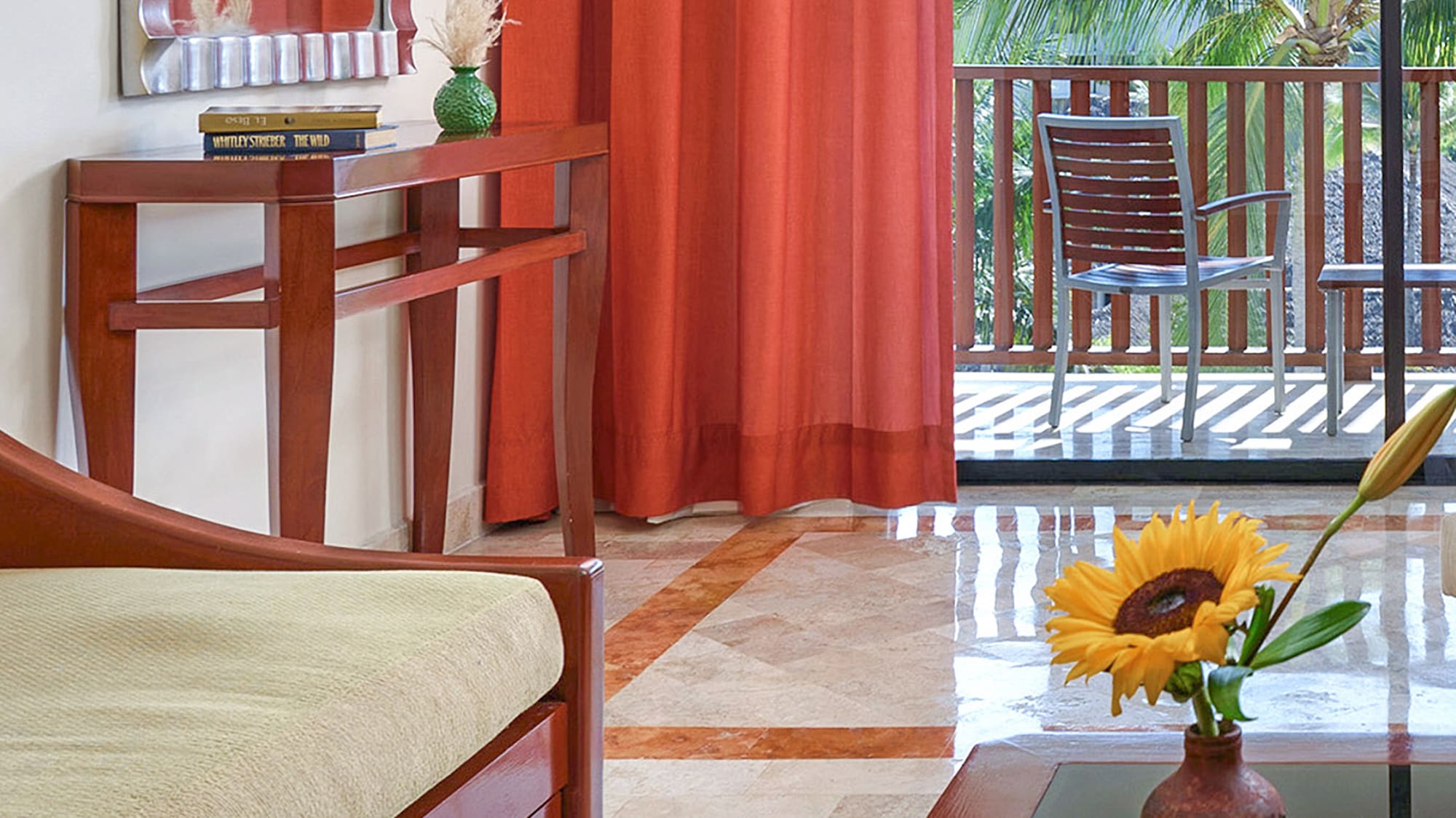 a living room with a couch and a table