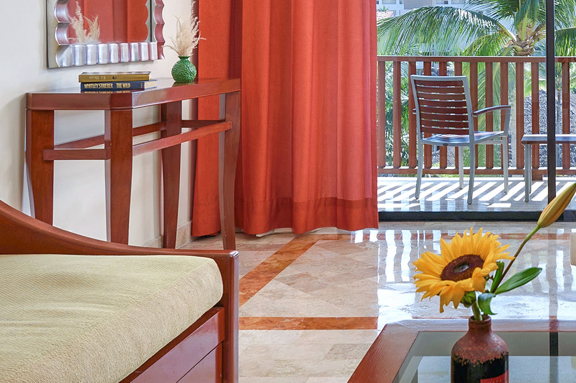 a living room with a couch and a table