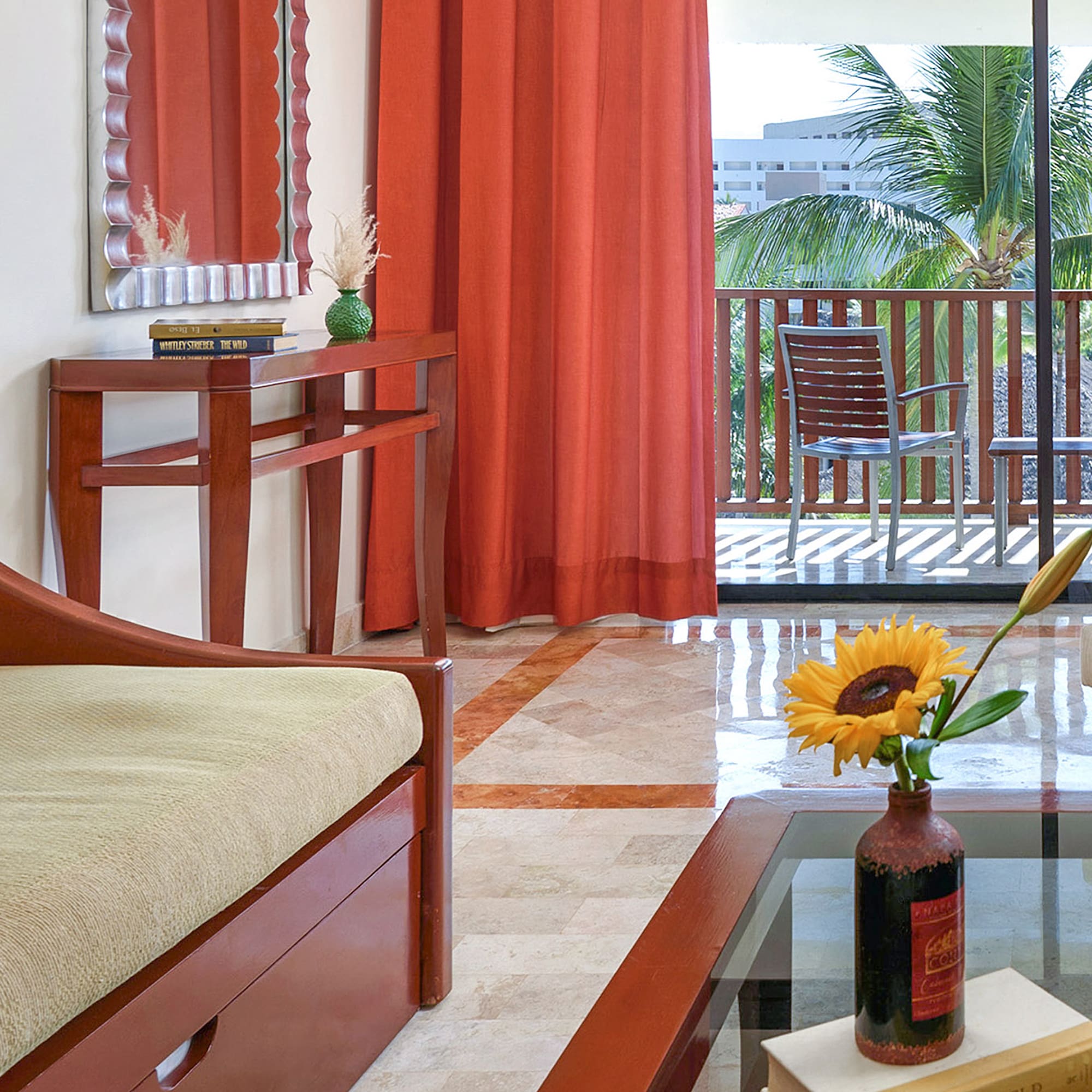 a living room with a couch and a table