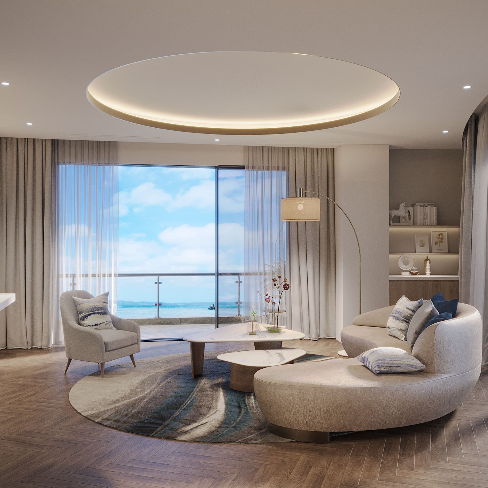 a living room with a large window and a large couch