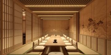 a room with a table and chairs