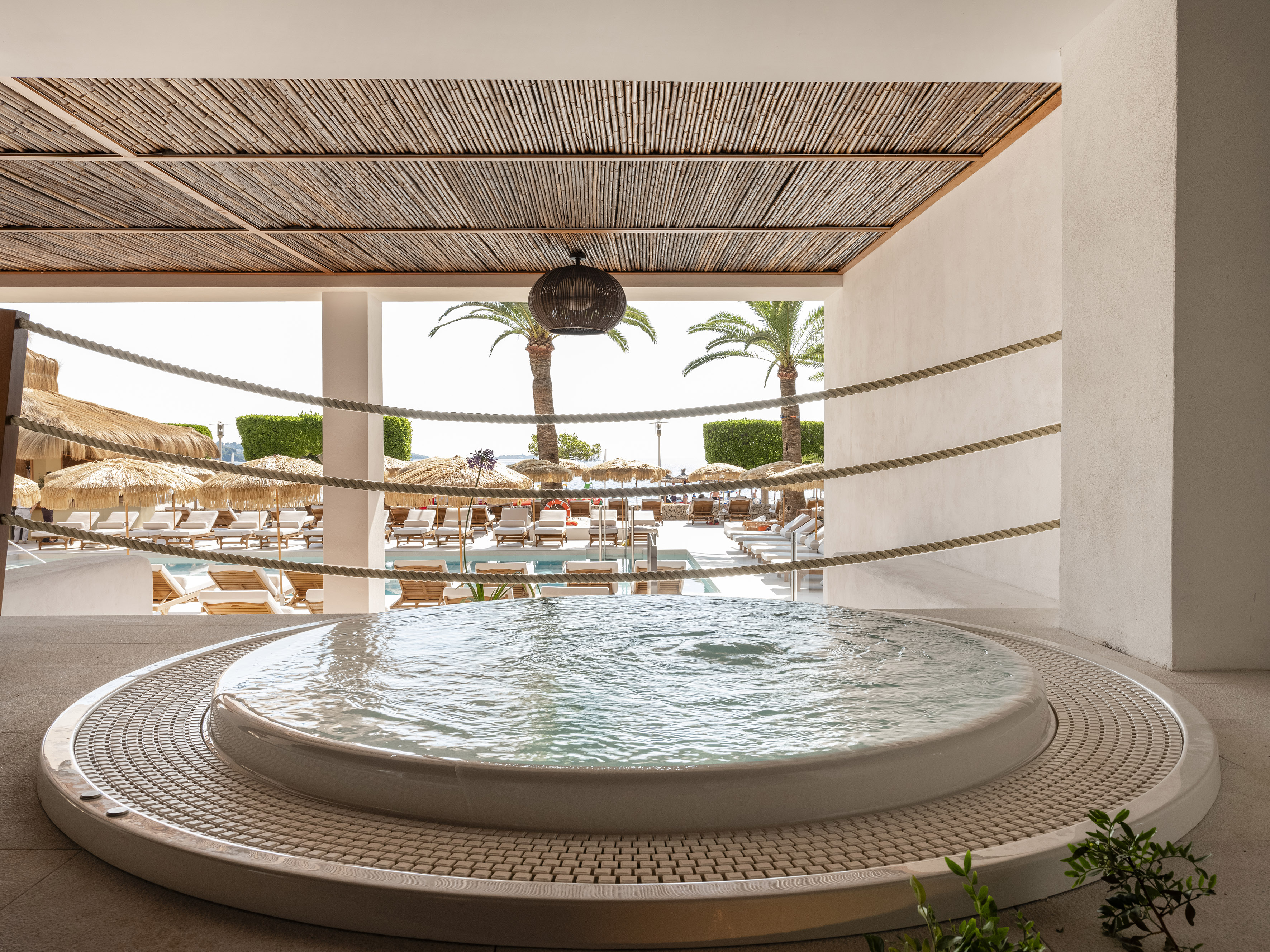 Luxury resort hot tub with pool, palm trees, and sun loungers under bamboo.