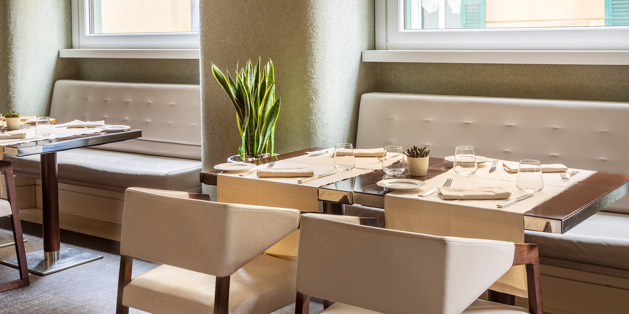 a table with white chairs and a plant in the middle