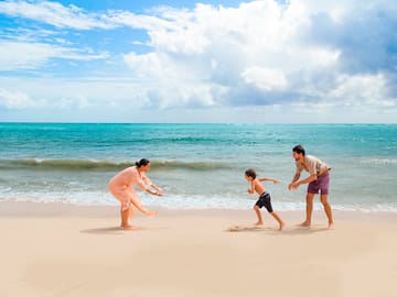 a group of people playing on a beach