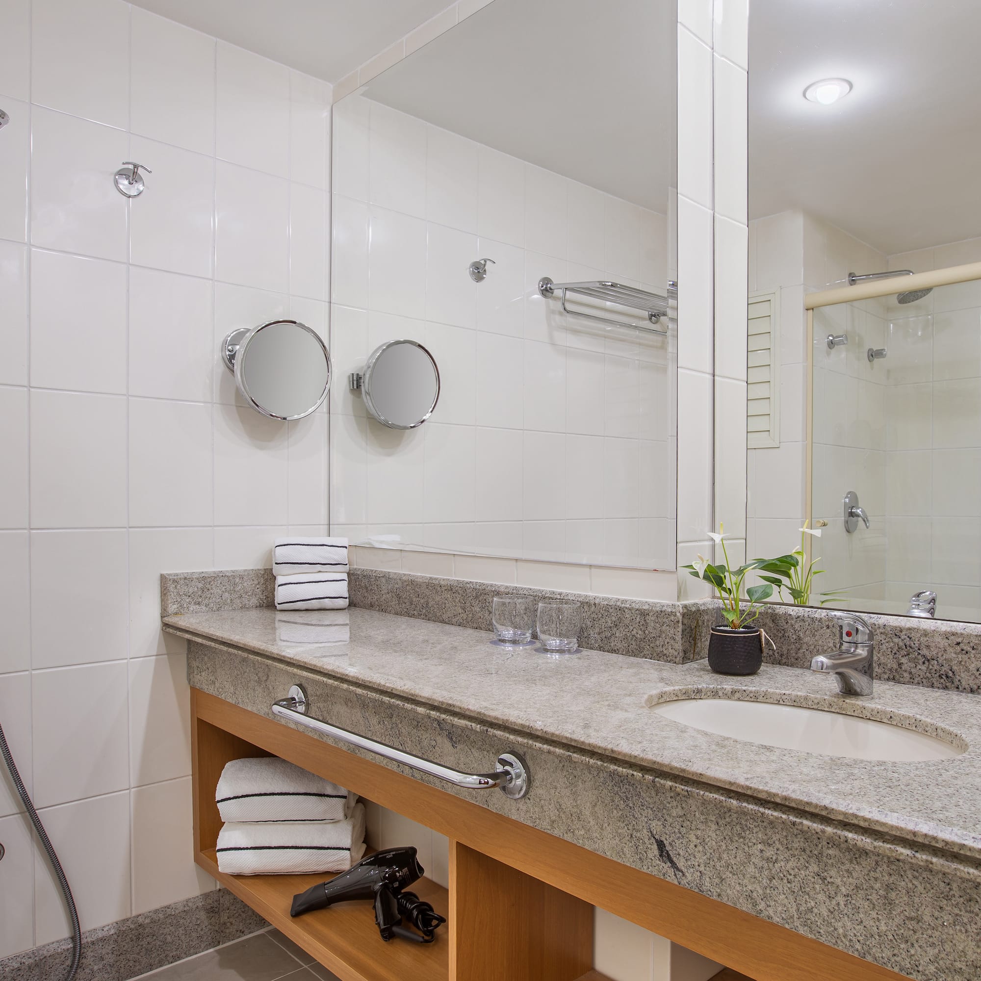 a bathroom with a sink and a shower