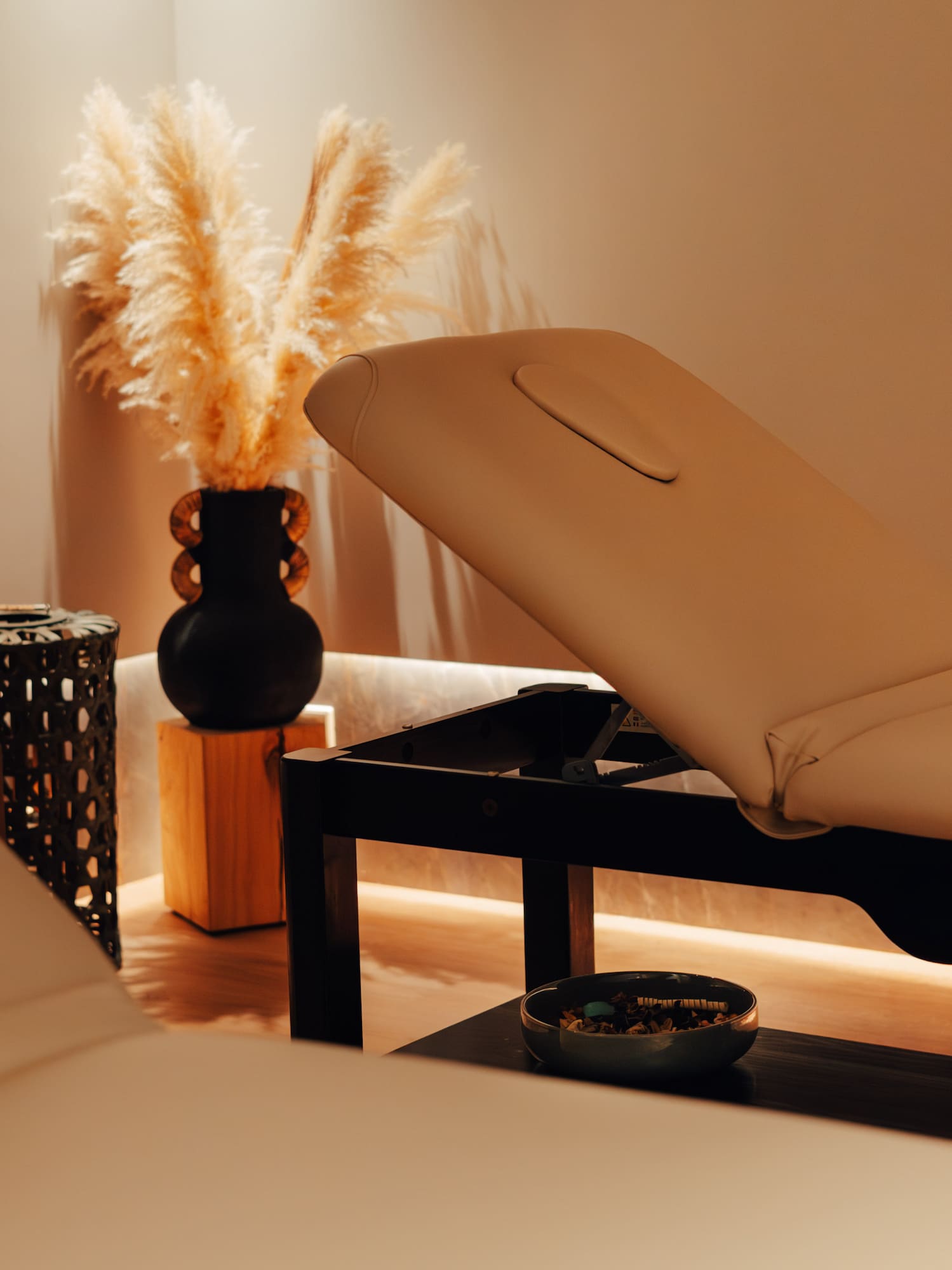 Serene spa treatment room with two massage tables, pampas grass decor, soft lighting.