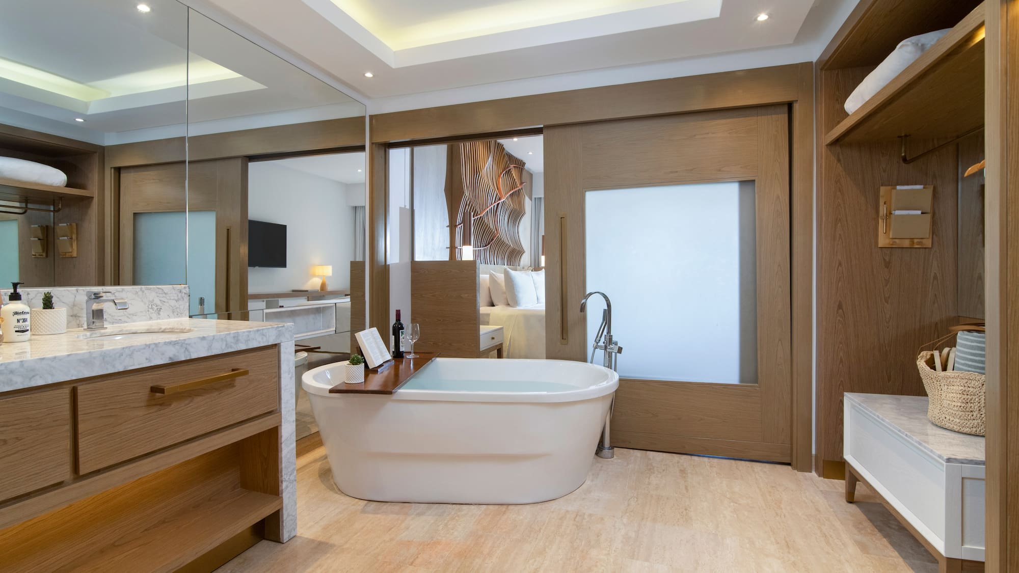 a bathroom with a tub and a sink