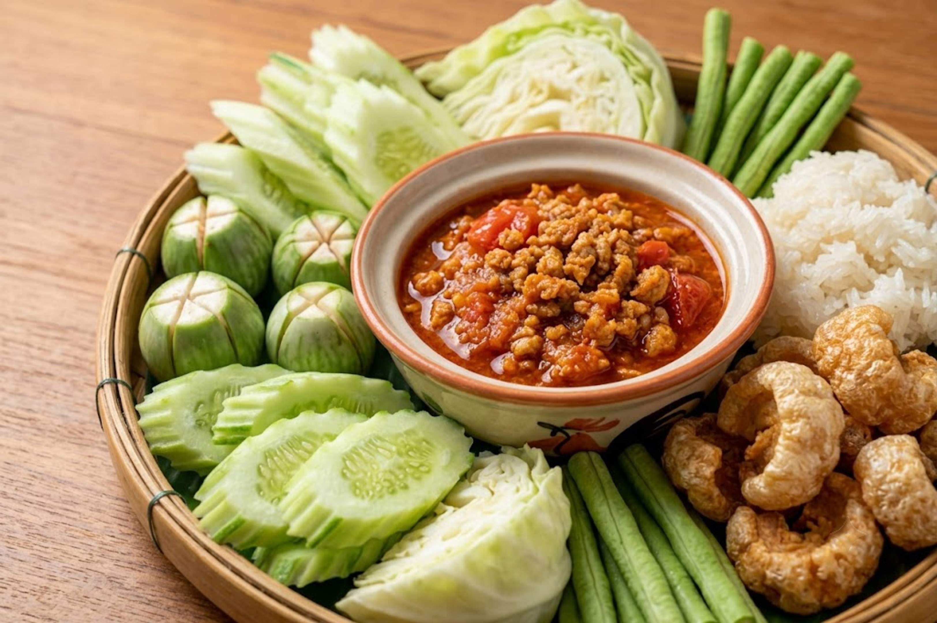 Northern Thai Nam Prik Ong dip, fresh vegetables, sticky rice, pork rinds.
