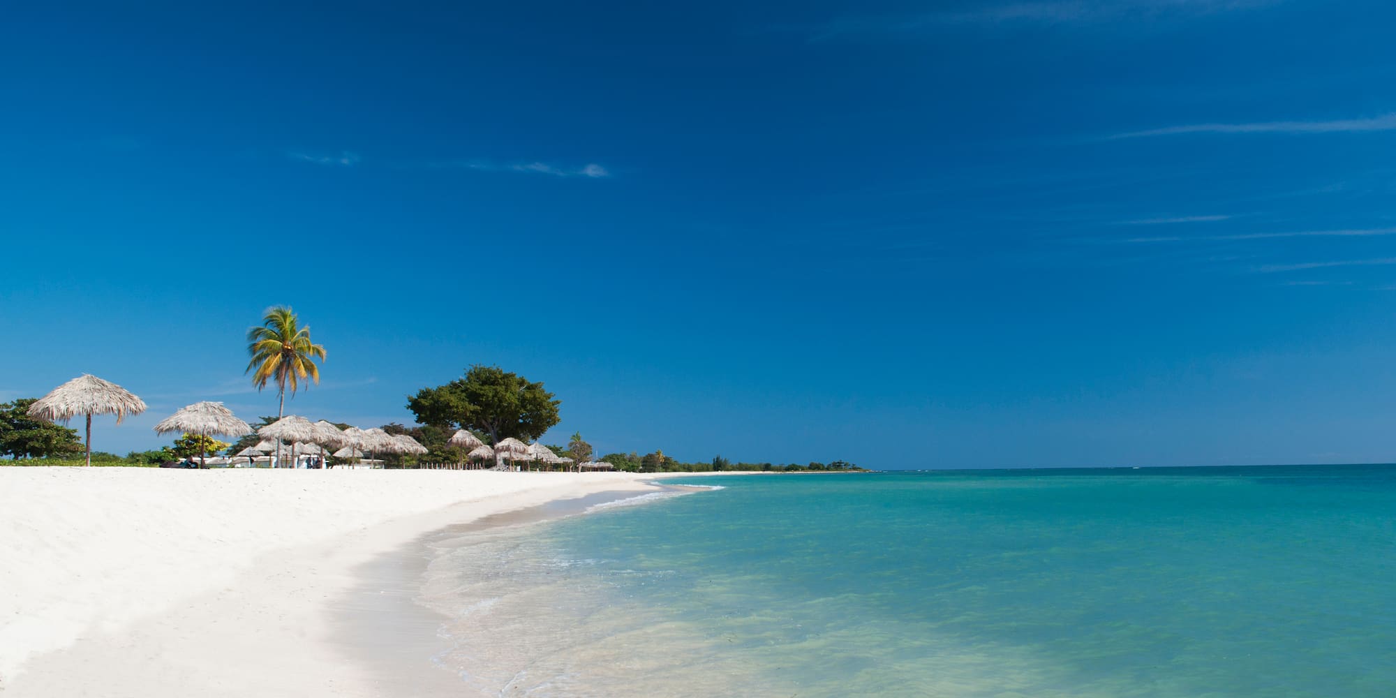 Playa tropical de arena blanca, mar turquesa, palmeras y sombrillas de paja.