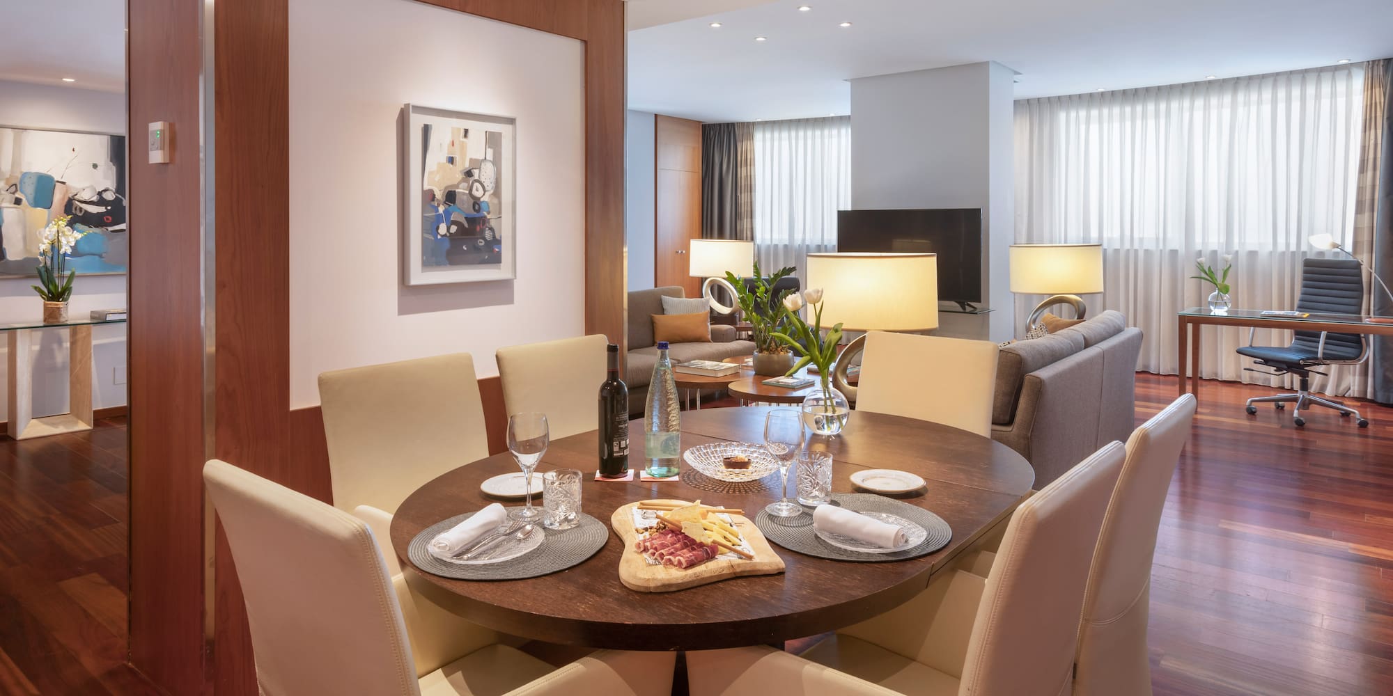 a dining table with food on it