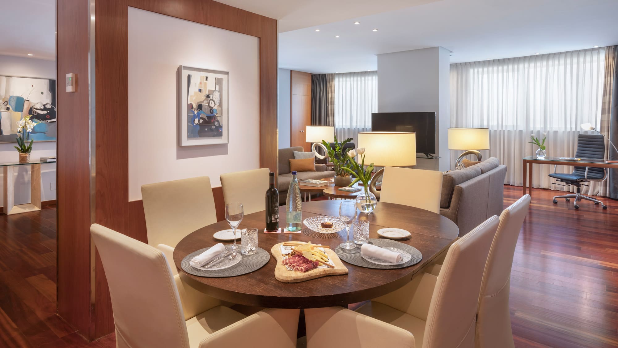 a dining table with food on it