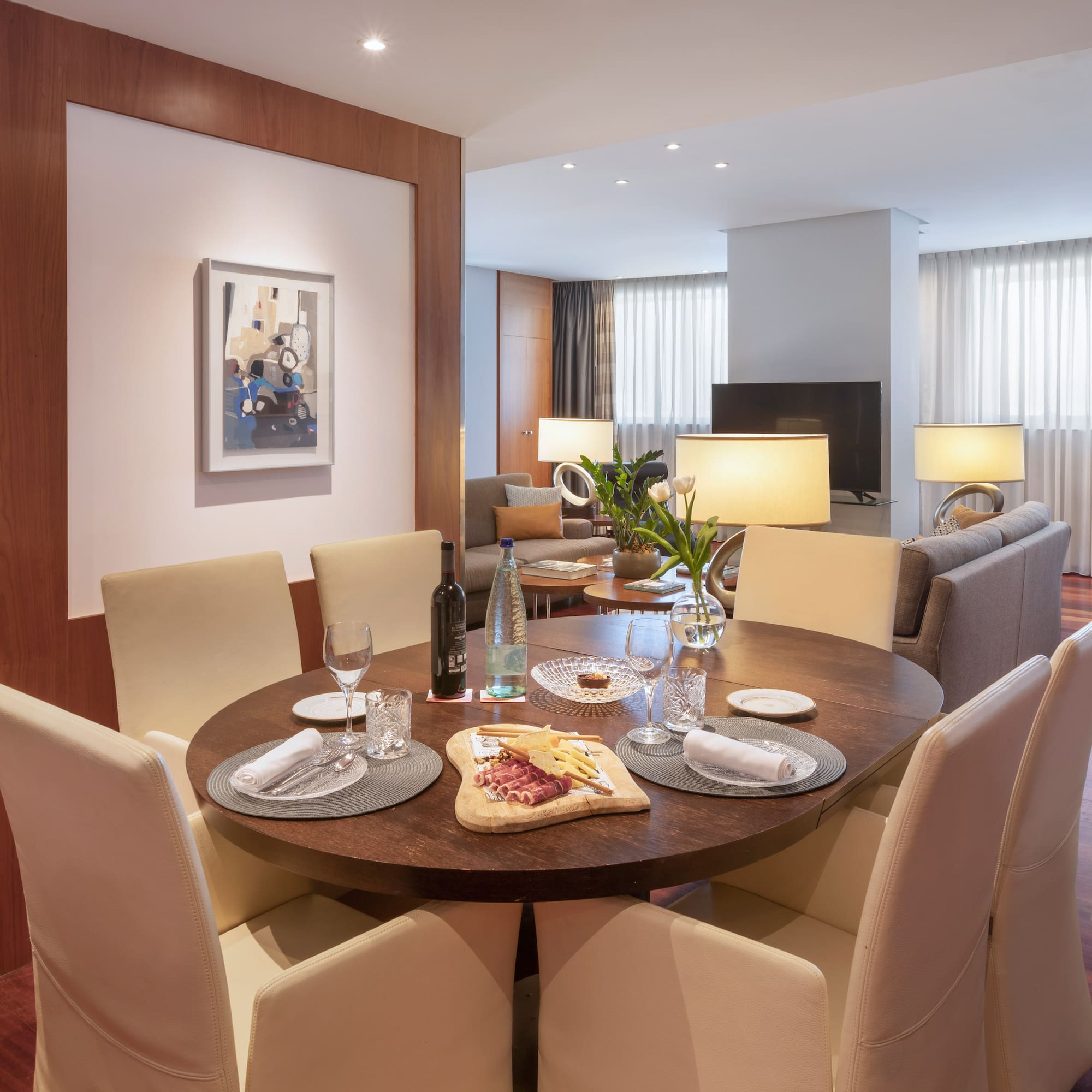 a dining table with food on it