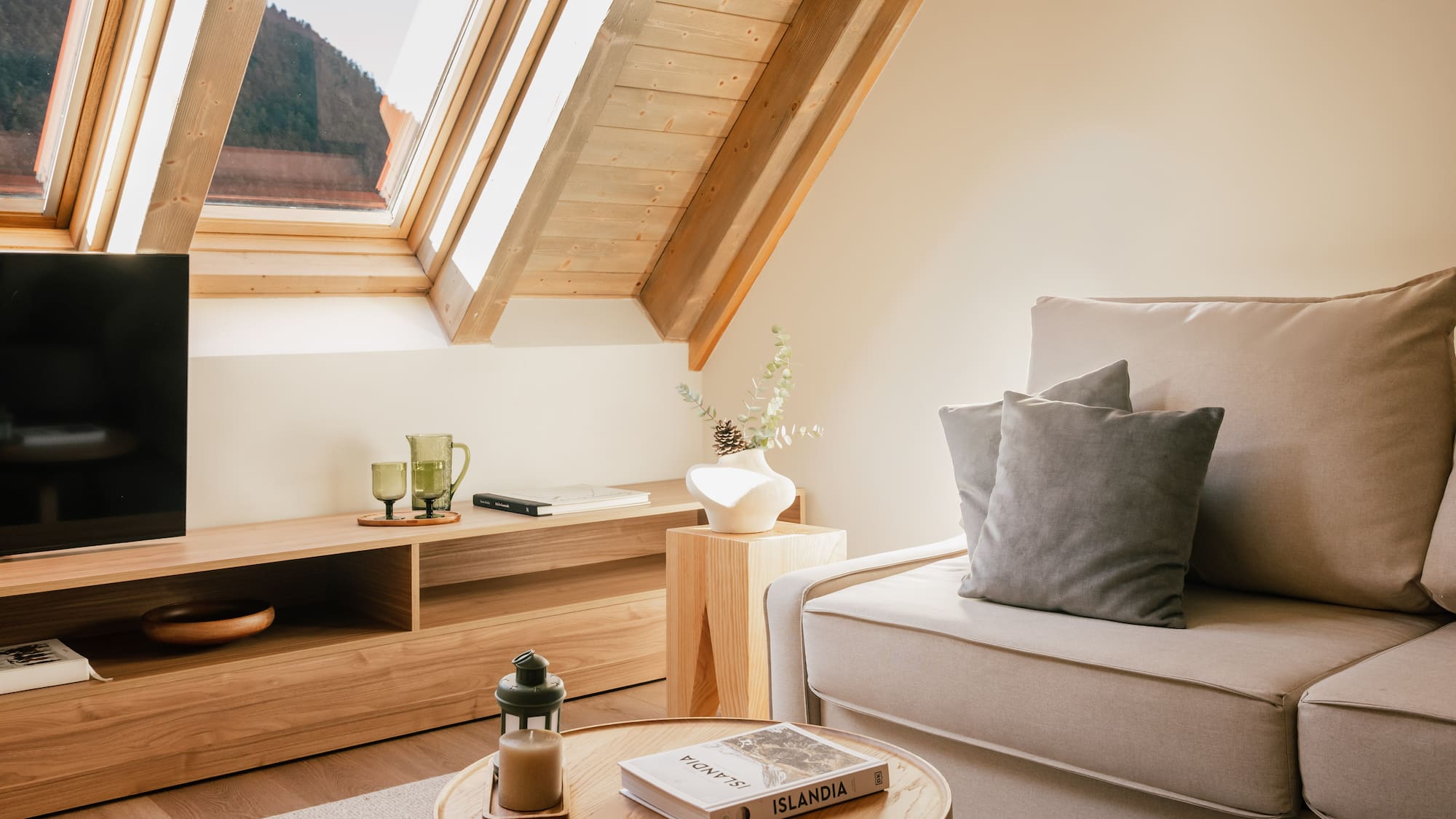 Bright attic living room with skylight, wooden details, sofa, and coffee table.