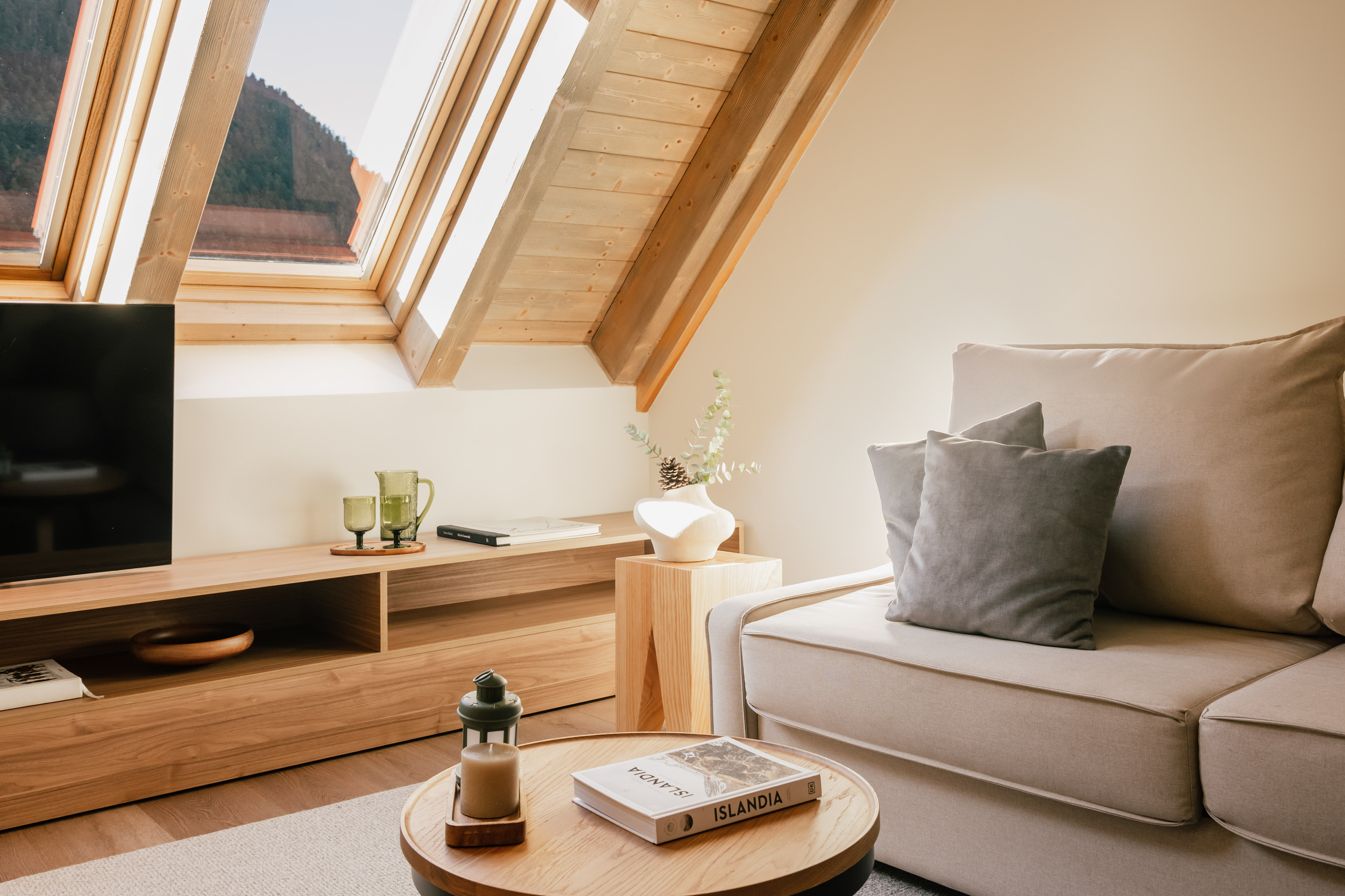 Bright attic living room with skylight, wooden details, sofa, and coffee table.