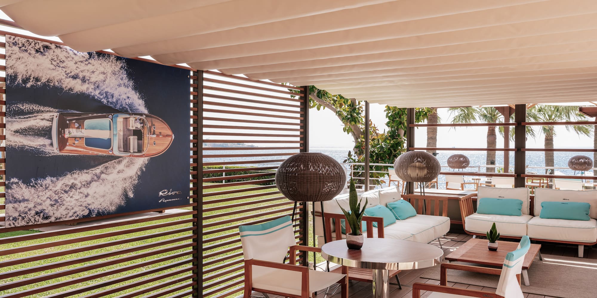 a patio with a poster on the wall