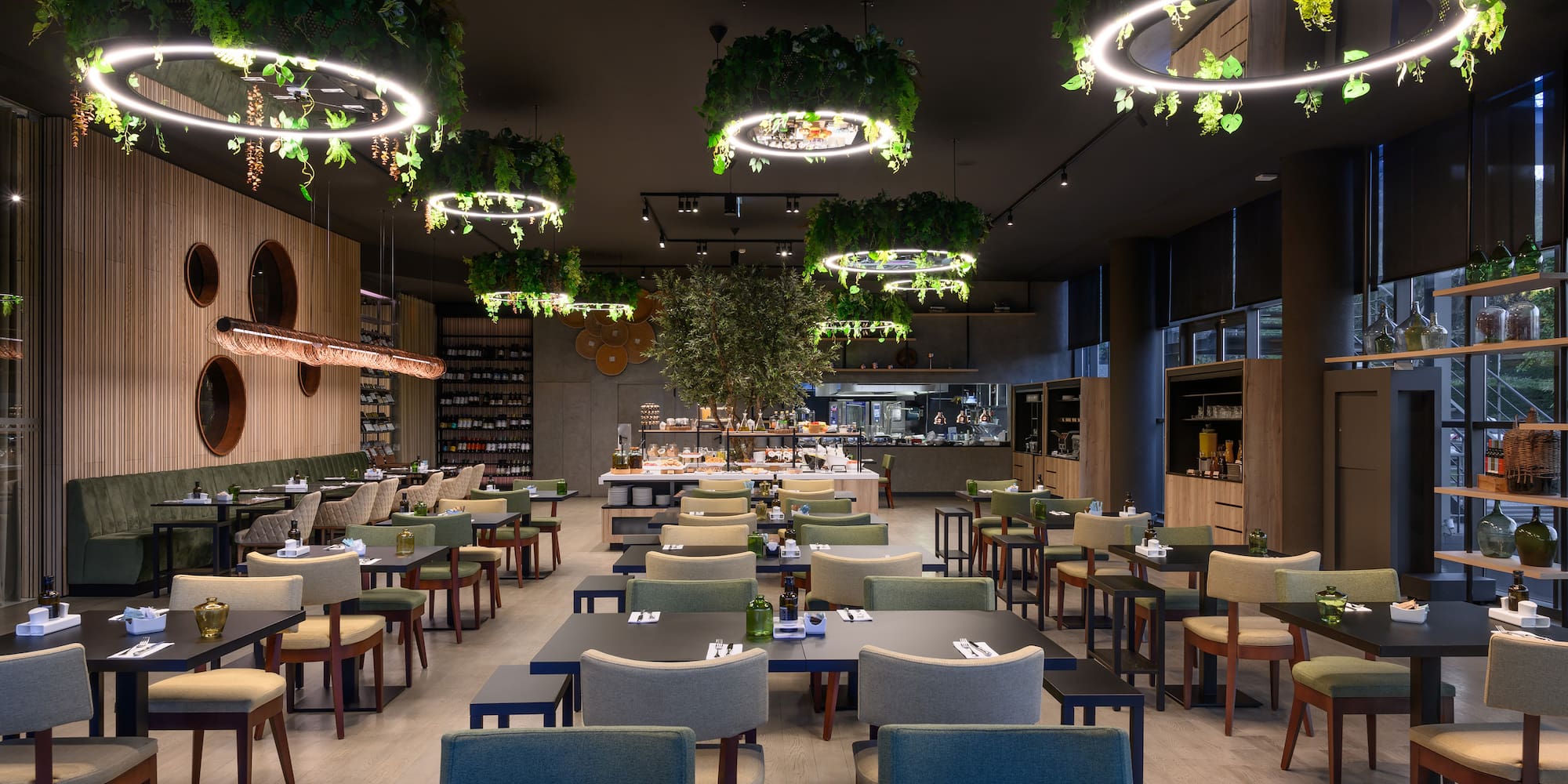 a restaurant with tables and chairs