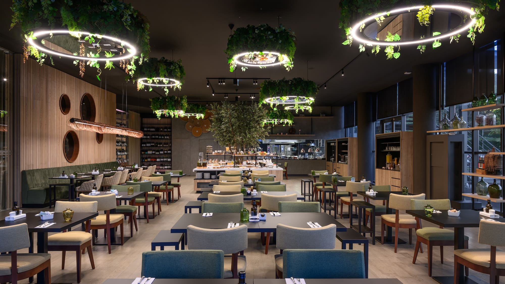 a restaurant with tables and chairs