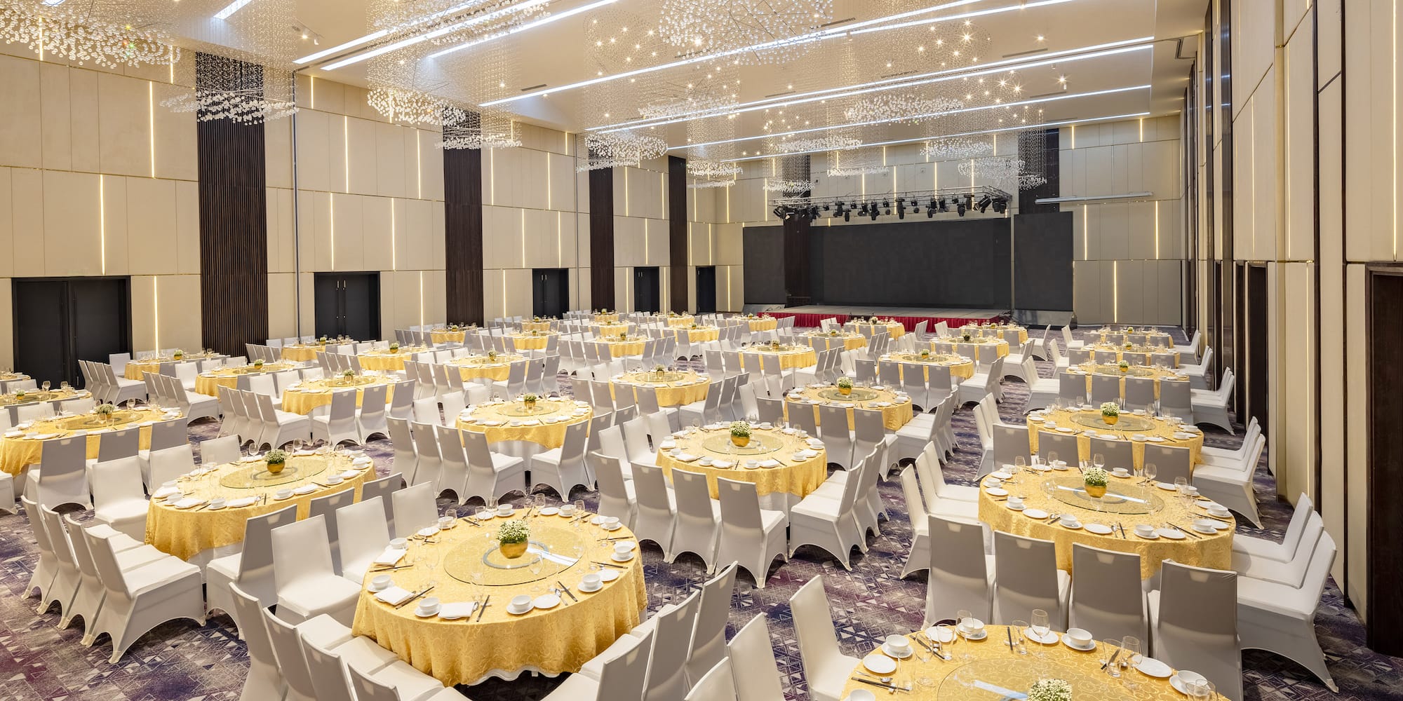 a large room with tables and chairs