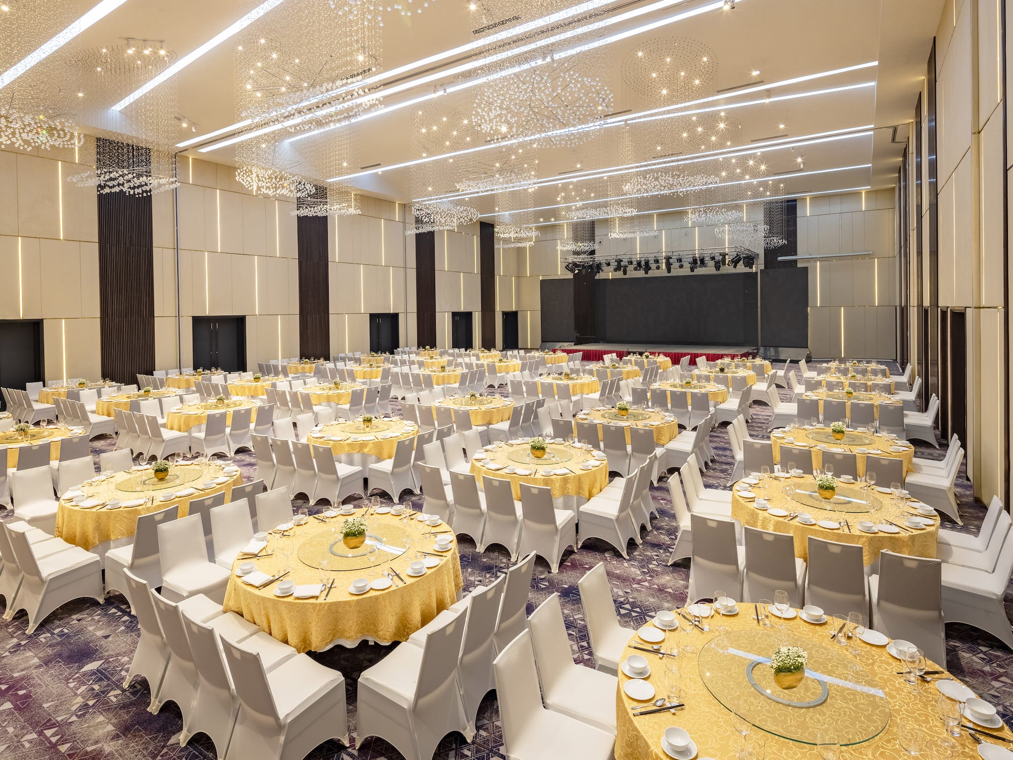 a large room with tables and chairs