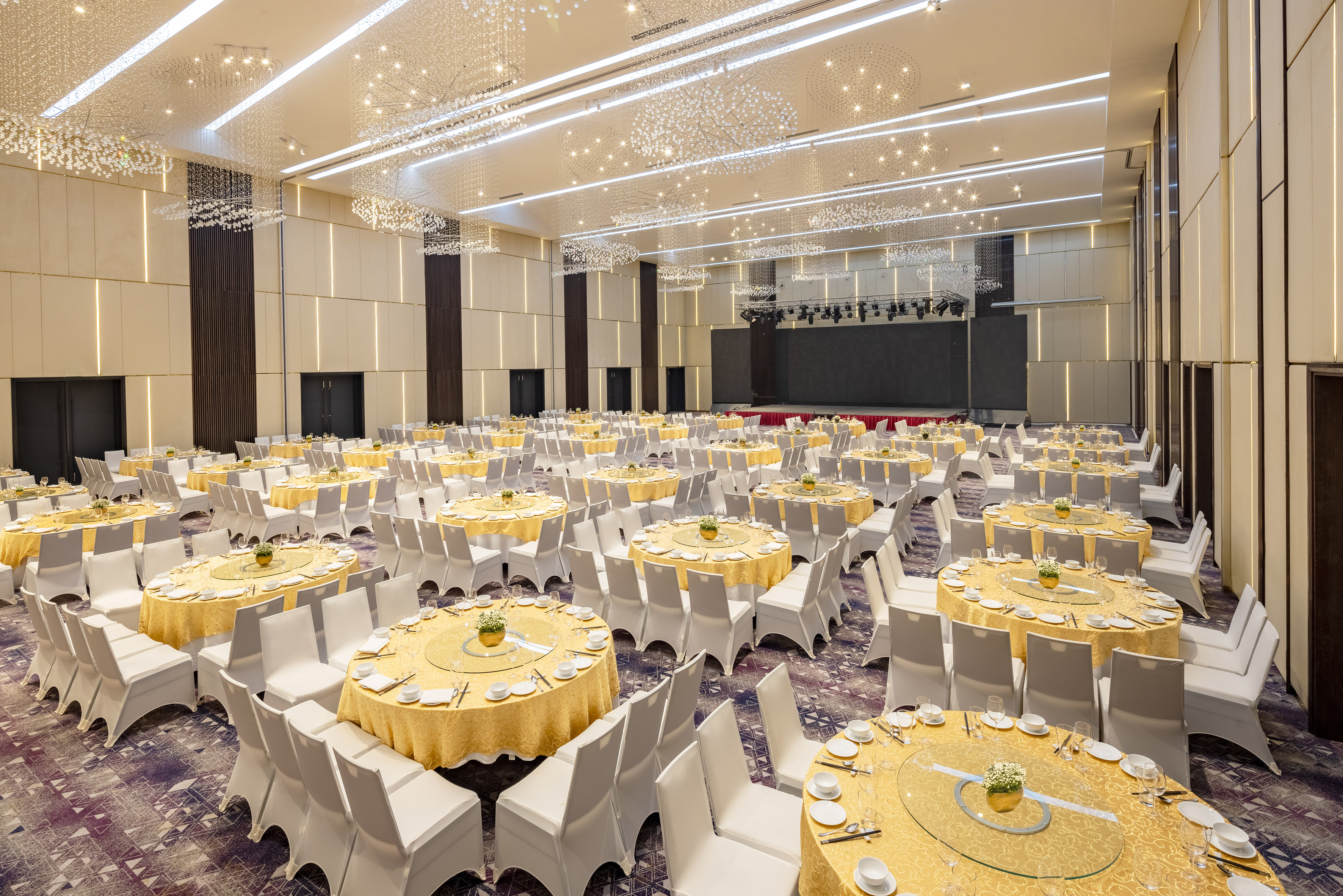 a large room with tables and chairs