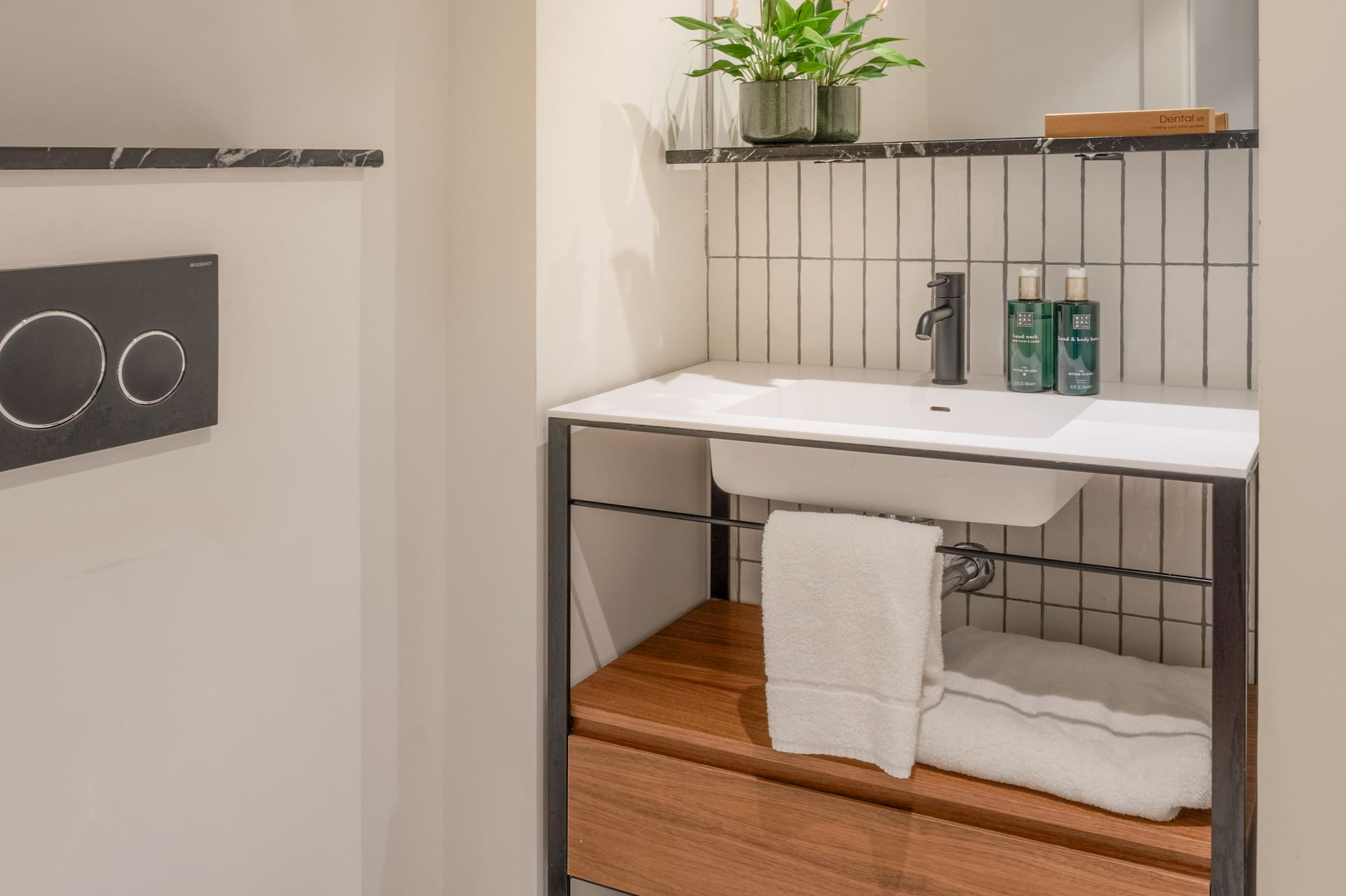 Modern bathroom with white toilet, sink, wooden vanity, mirror, and plant.