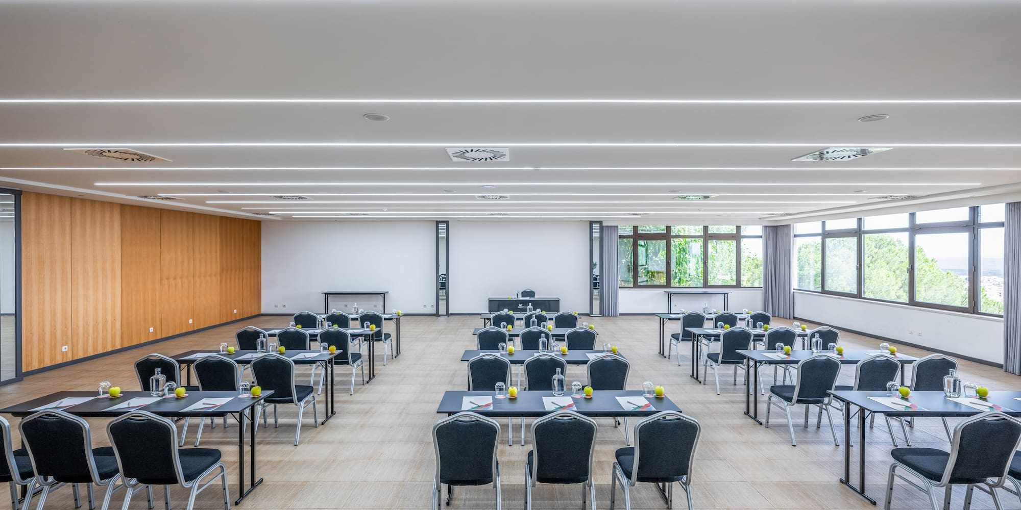 a room with tables and chairs