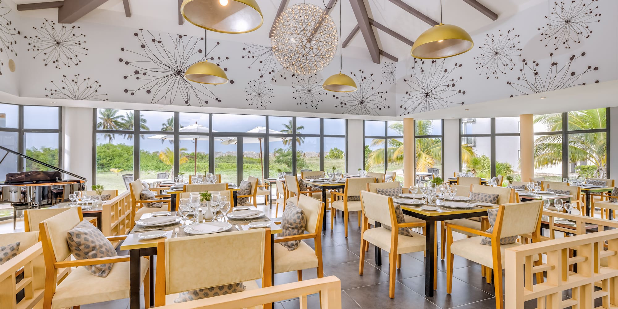 a room with tables and chairs